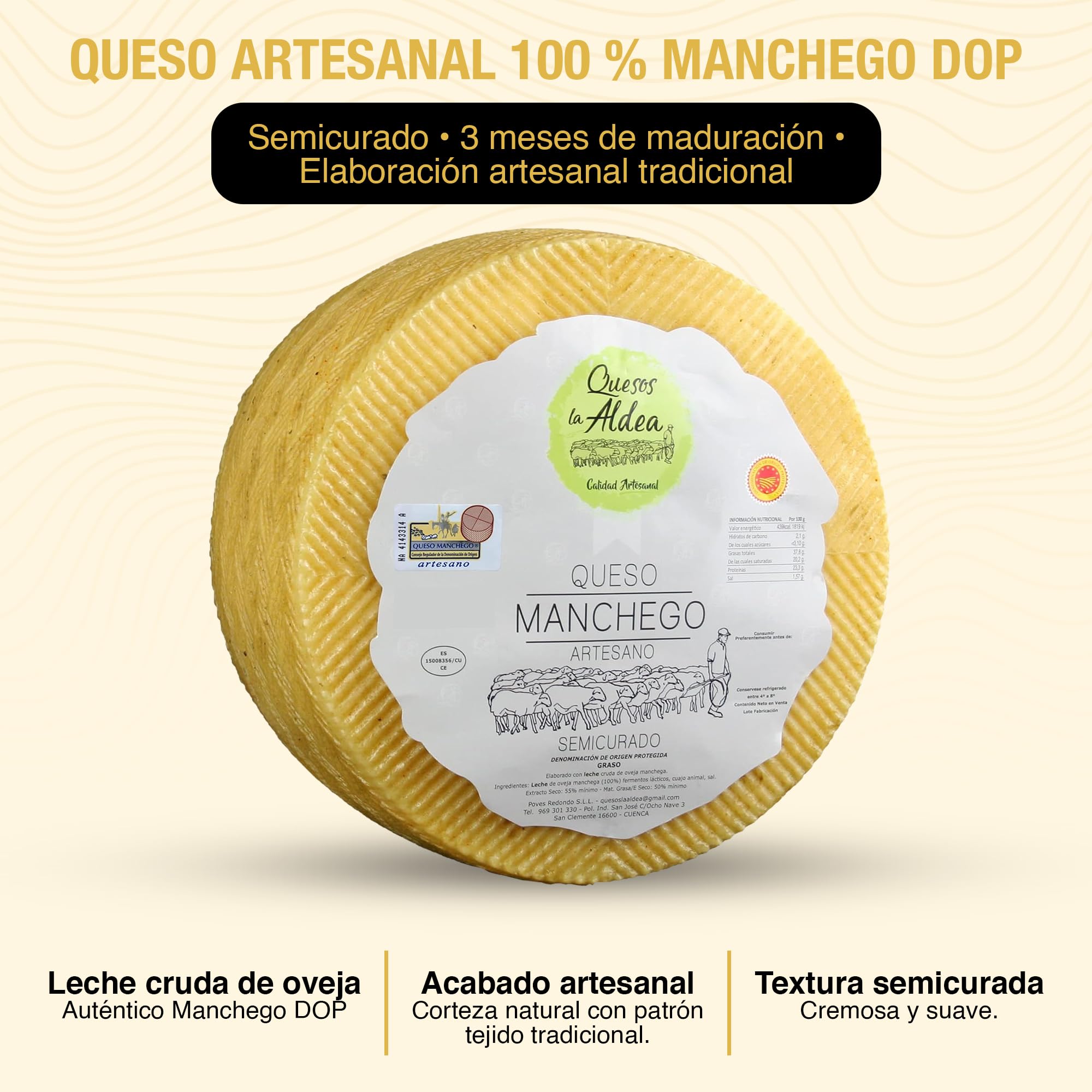 Queso Manchego Artesano Semicurado 3 kg Leche de Oveja D.O. La Mancha Gourmet Regalo