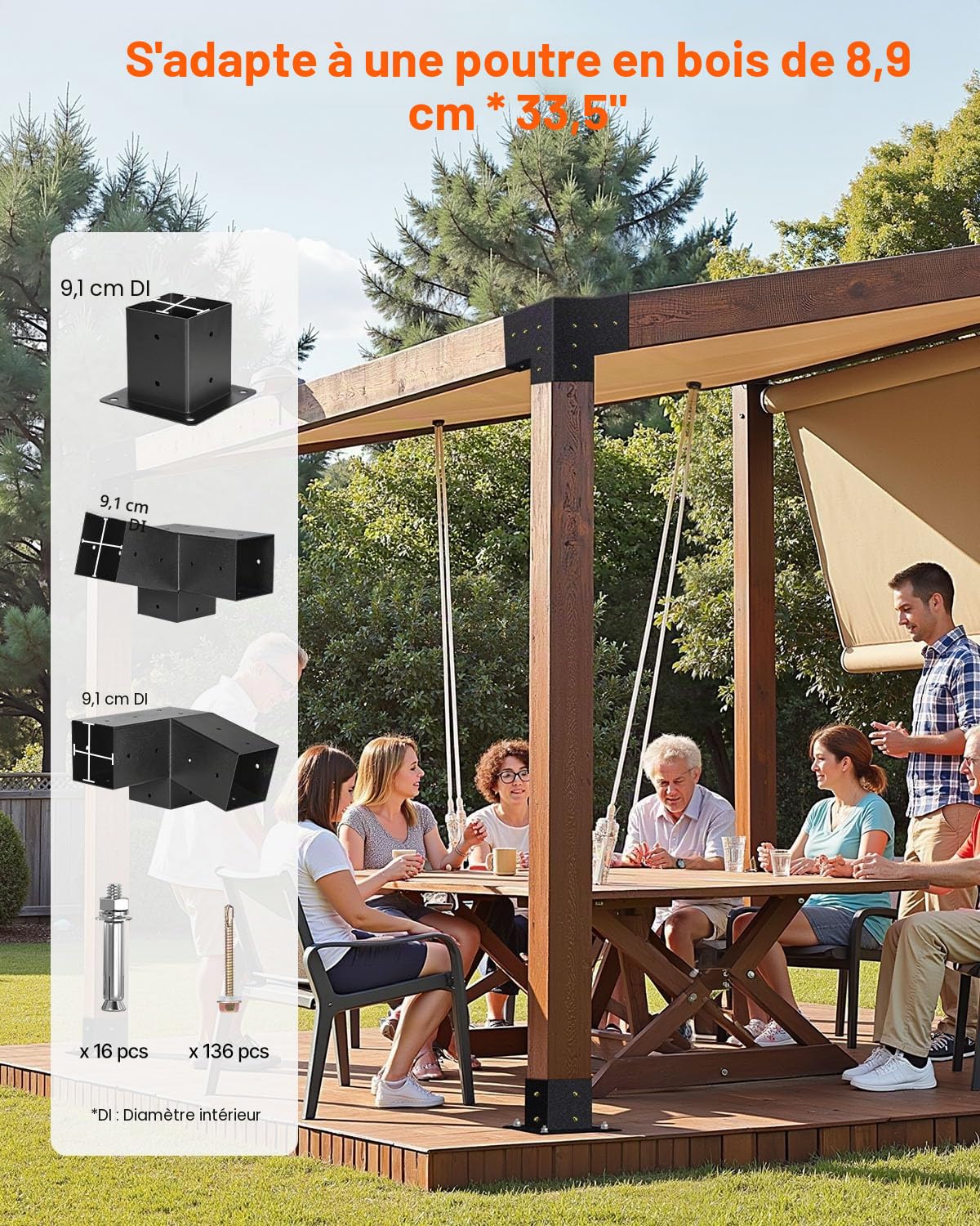VEVOR Kit Support de Pergola, Lot de 8, Support de Poteau Bois 92x92 mm, Supports d'angle à 3 Voies, avec 4 Bases de Poteaux, pour Poutres Bois Standard à Toit Incliné, Banquet de Fête en Plein Air