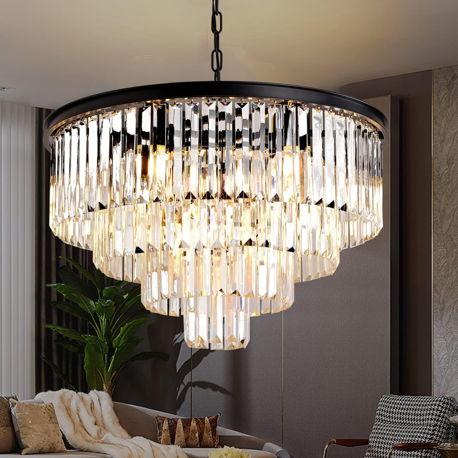 AKDXIRUN Black Crystal Chandeliers Modern Chandelier 4-Tier Dining Room Chandelier Round Large Contemporary Crystal Pendant Hanging Ceiling Light