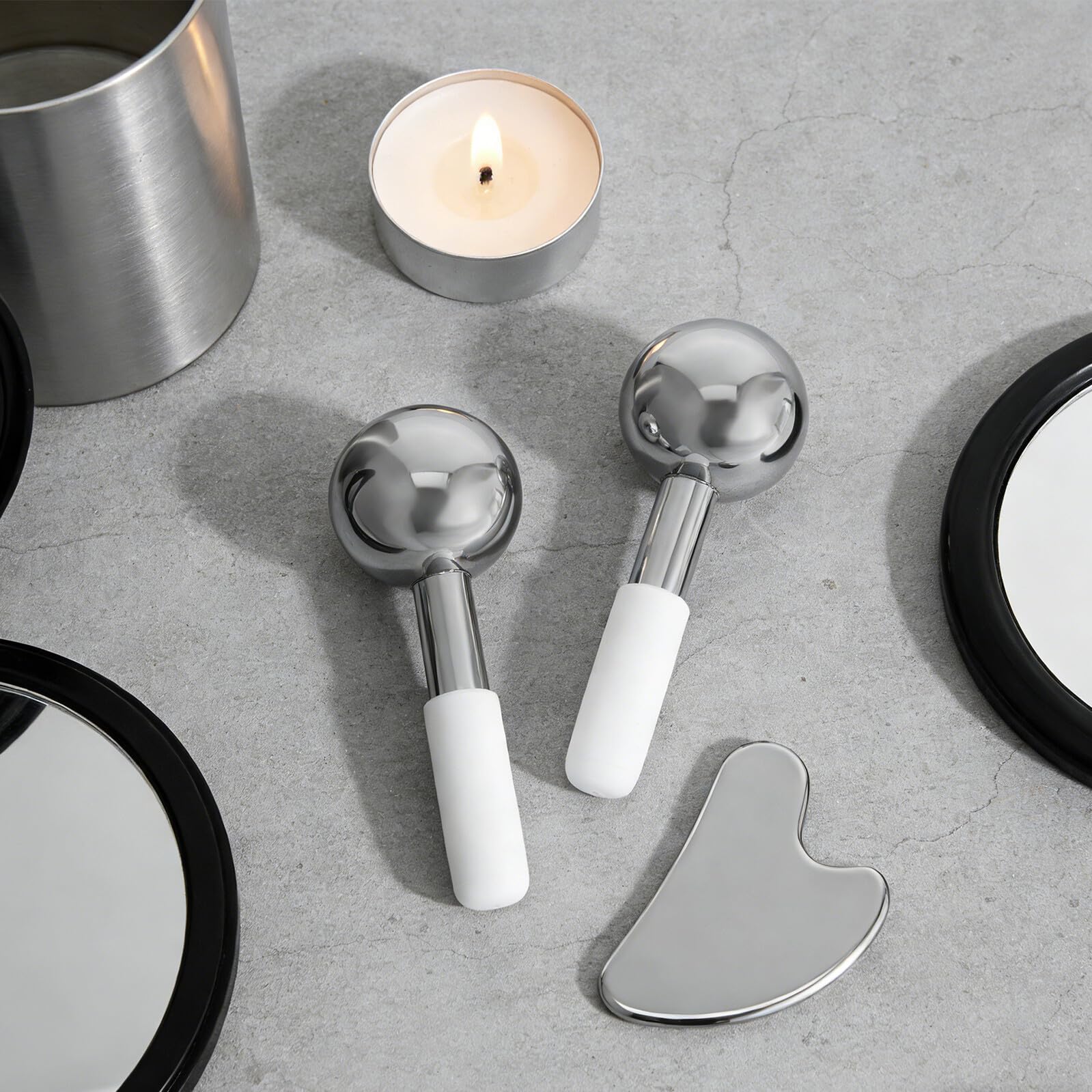 Set di Strumenti Gua Sha Refrigeranti in Acciaio Inox | Argento, Forme Multiple per Viso e Collo, Uso a Casa o Salone, Design per Routine Quotidiana