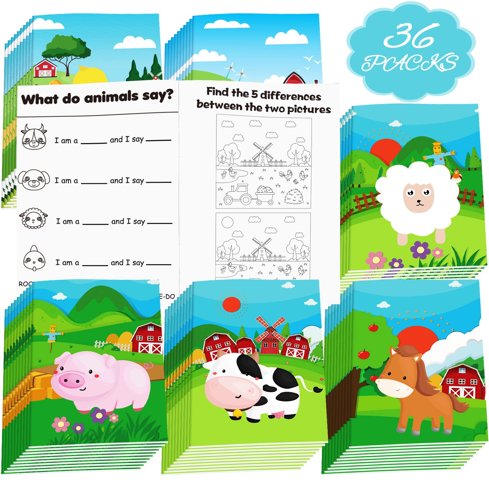 Sinmoe 36 Pcs Farm Animals Mini Activity Books for Kids DIY Game Books Set with Cow Pig Chicken Duck Sheep Pattern Coloring Book Party Favors Goodie