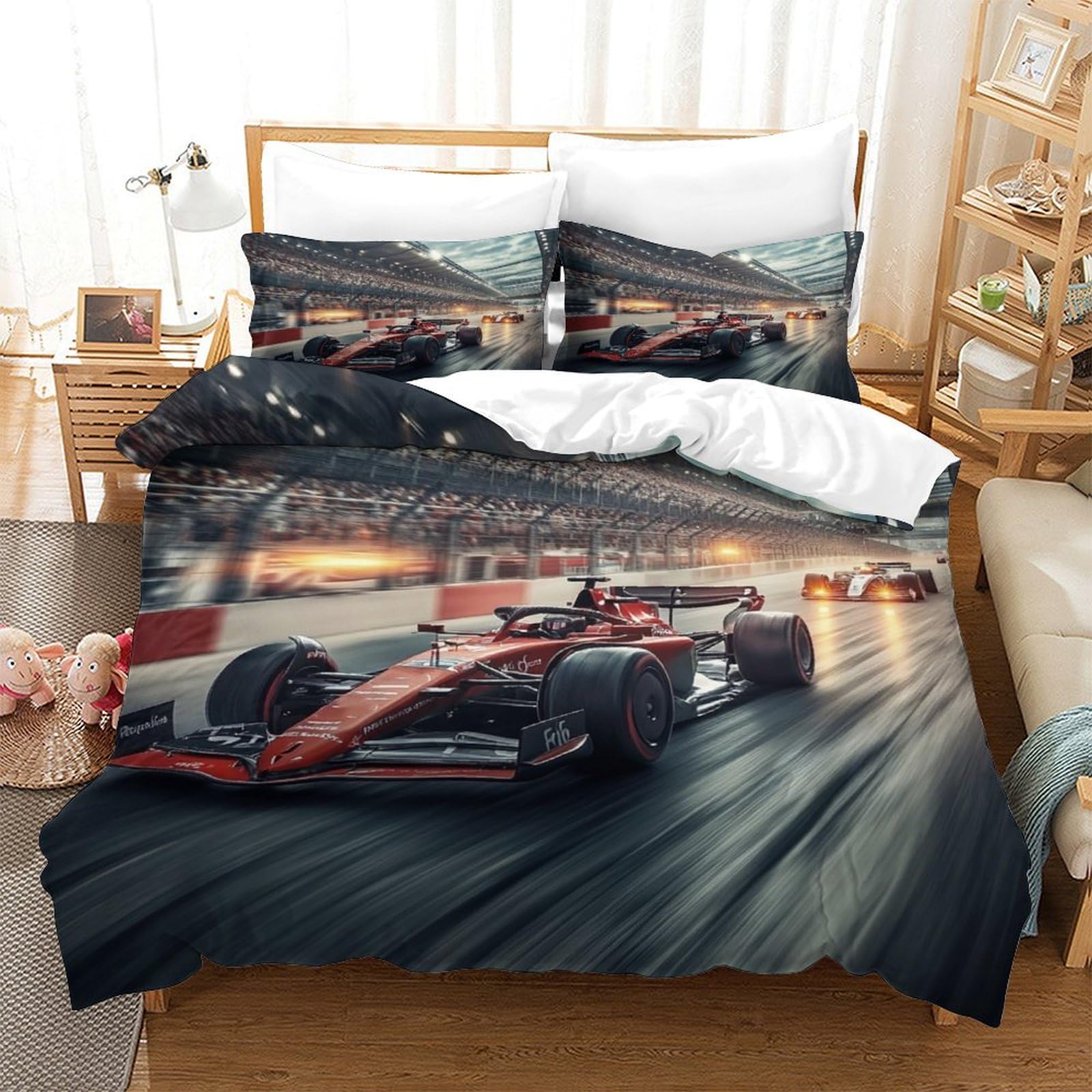 Lililaobiao Boys Ferrariii-2 Ferrariii Washable Quilt Cover Set Hidden Zipper Duvet Cover Set With Pillowcases Bedding Set Soft Microfiber Formula Racing Bed Linen Set For Kids & Adults Double（200X200cm）