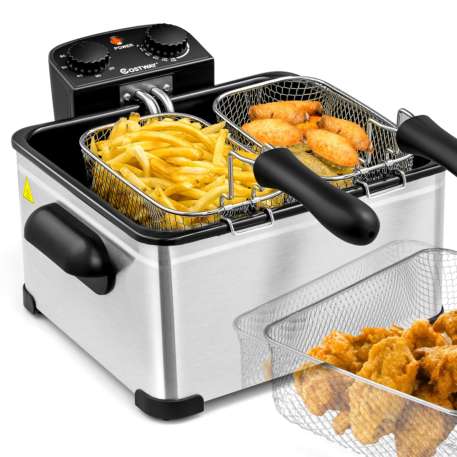 COSTWAY Freidora Aceite de 1700W con 3 Cestas, 5L, Acero Inoxidable