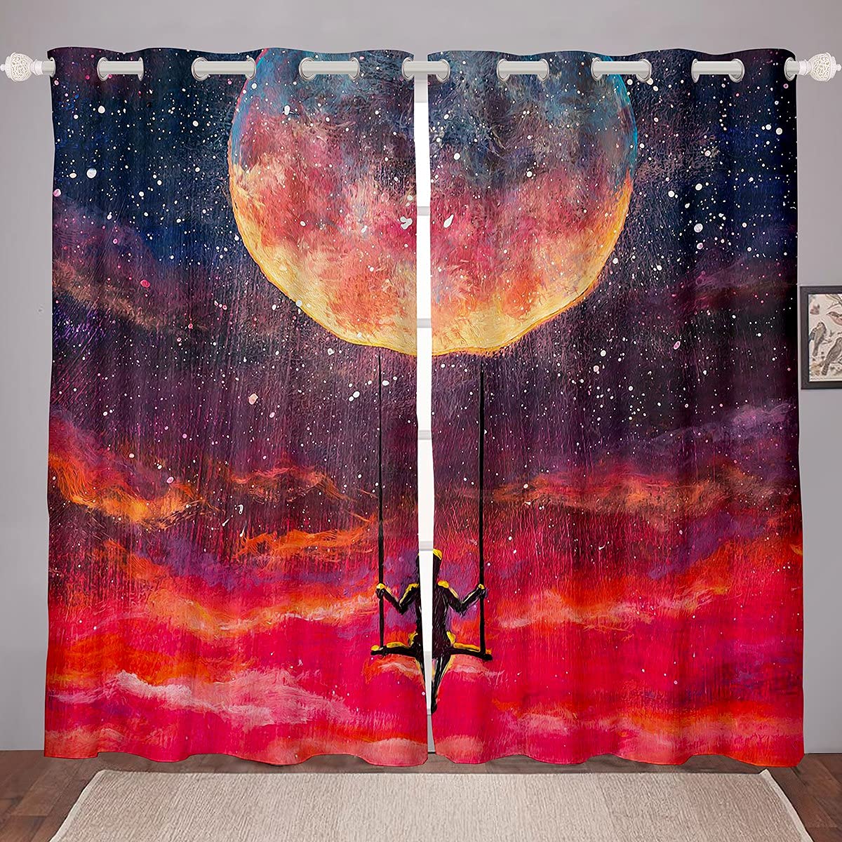 Cortina de Galaxia para niña, Cortinas de Ventana para Dormitorio, Sala de Estar, niños, Cortinas de Ventana de Planeta Grande, Color Rosa, Atardecer, Cosmos, Pintura al óleo, Arte de fantasía, 66 x