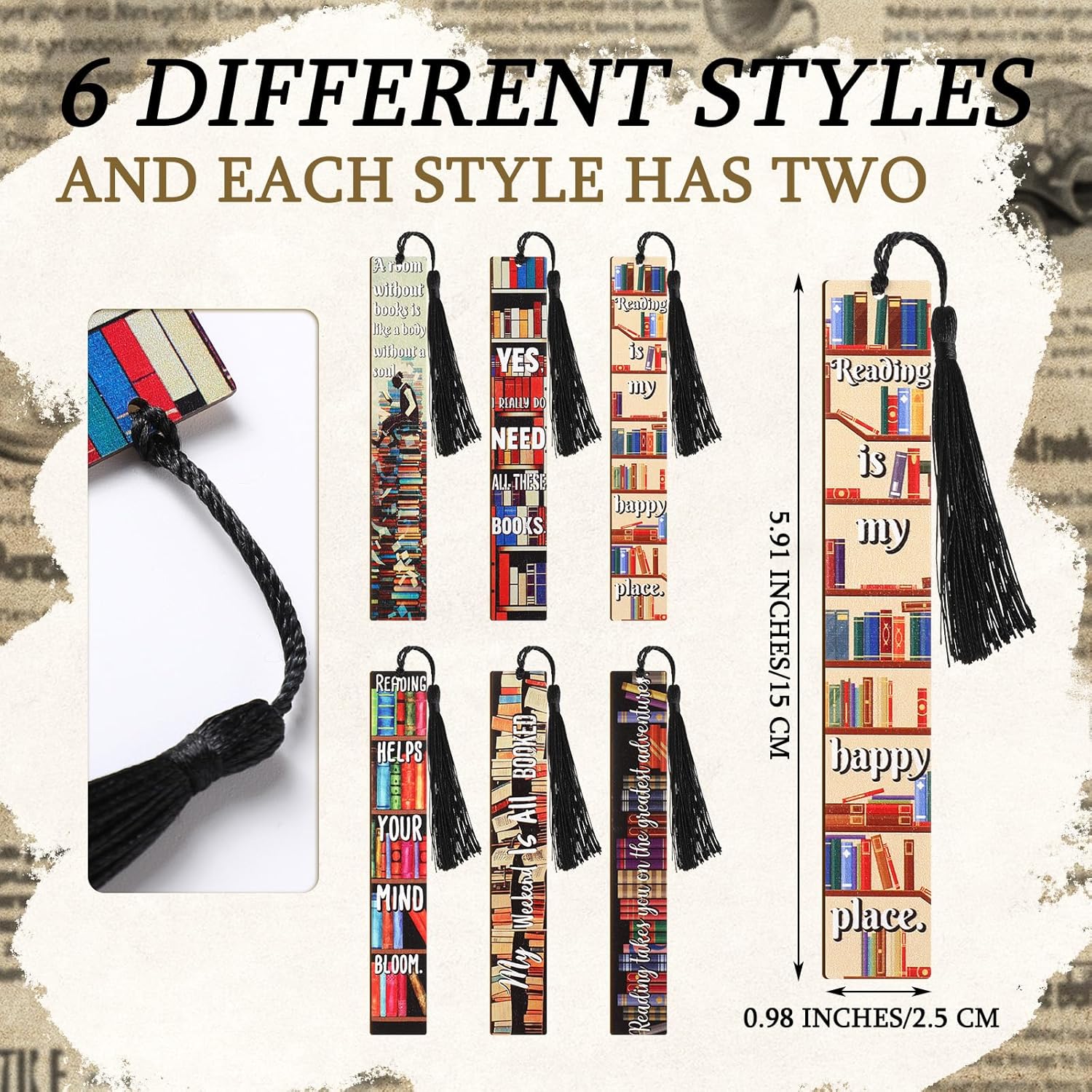 Colarr 12 Pcs Wood Bookmarks for Woman Book Club Gift for Book Worms Books Lovers Bookmarks Bulk with Tassels for Reading Party Favors Books Exchange Club Men & Women Friends(Bookshelf) - Image 3