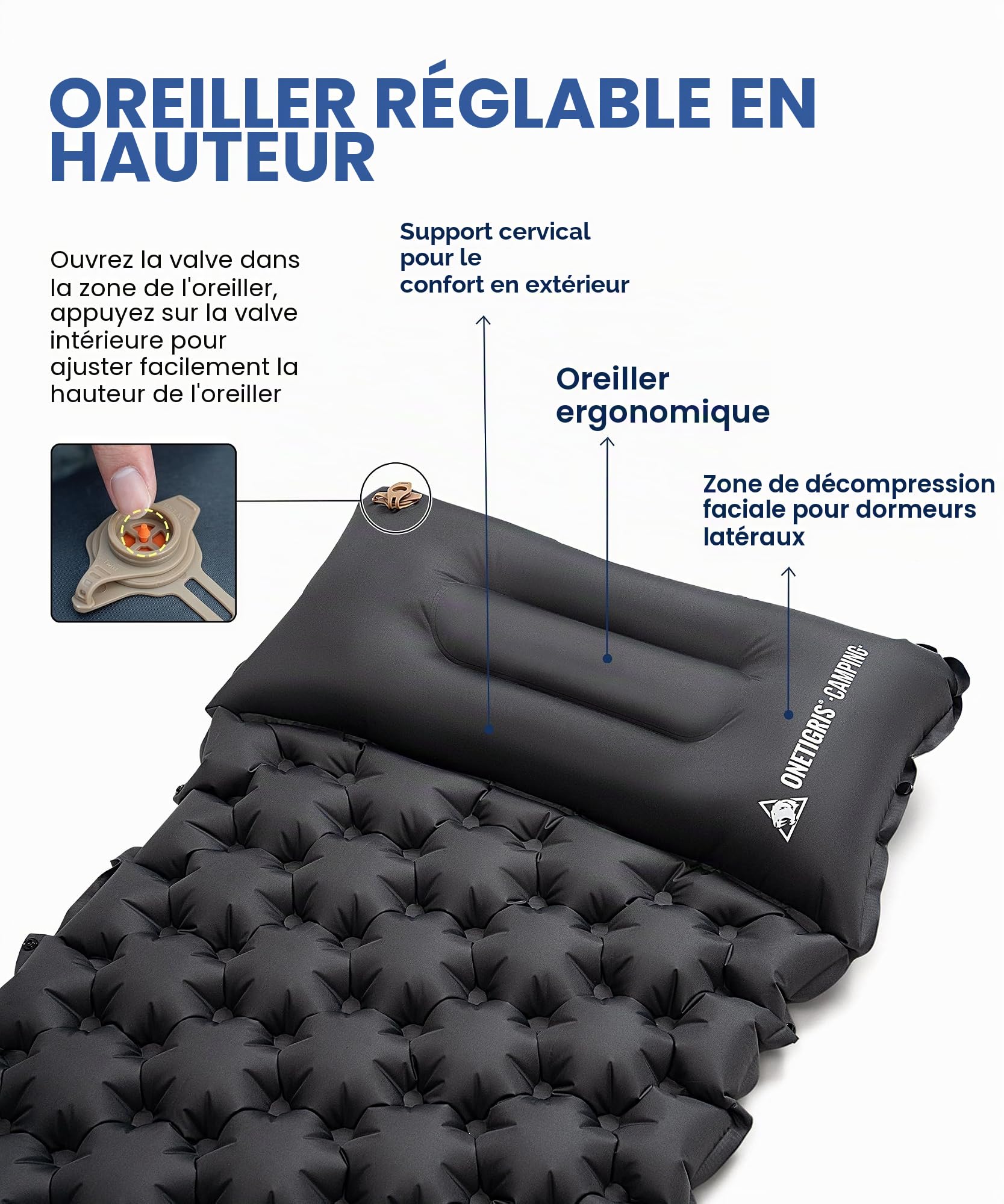 OneTigris BLACKCRYSTAL Matelas isolant autogonflant ultra léger, oreiller et matelas gonflable compact pour tente, camping, tourisme et randonnée