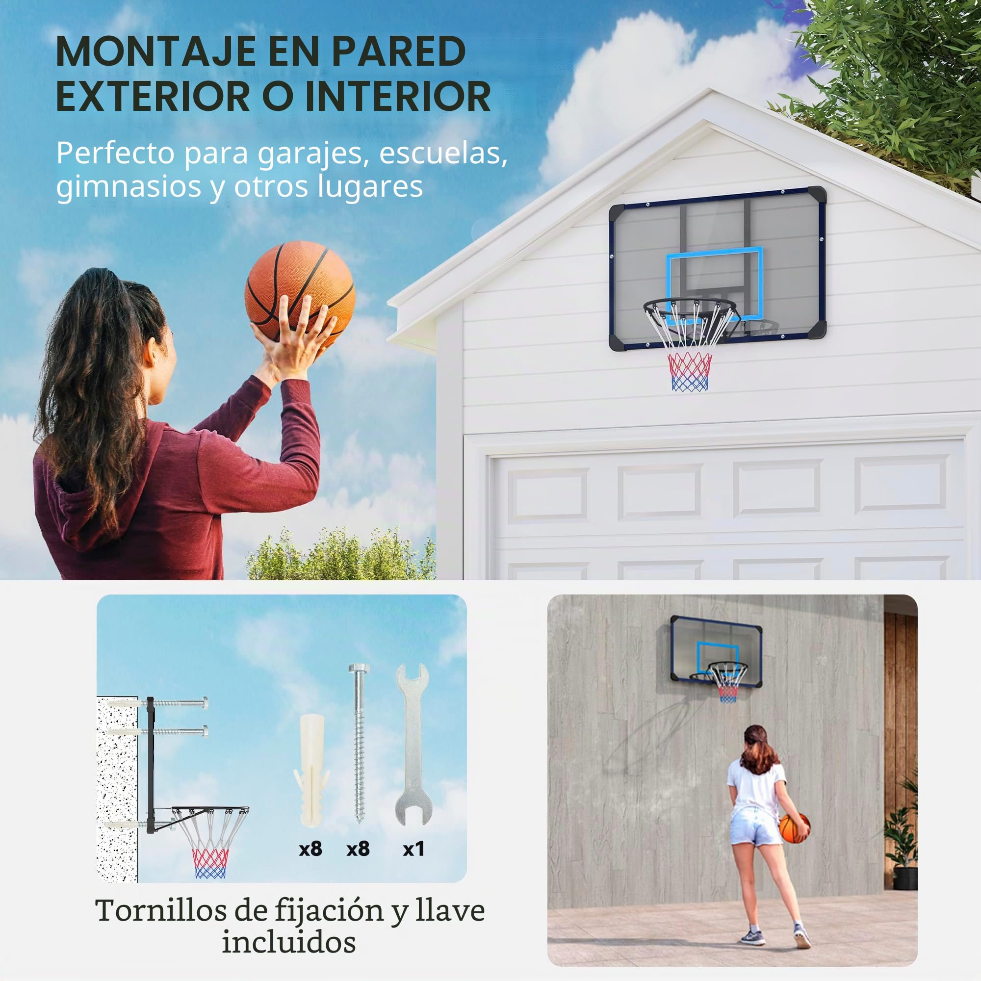 SPORTNOW Canasta de Baloncesto con Tablero 45 cm Acero Exteriores Montaje Pared