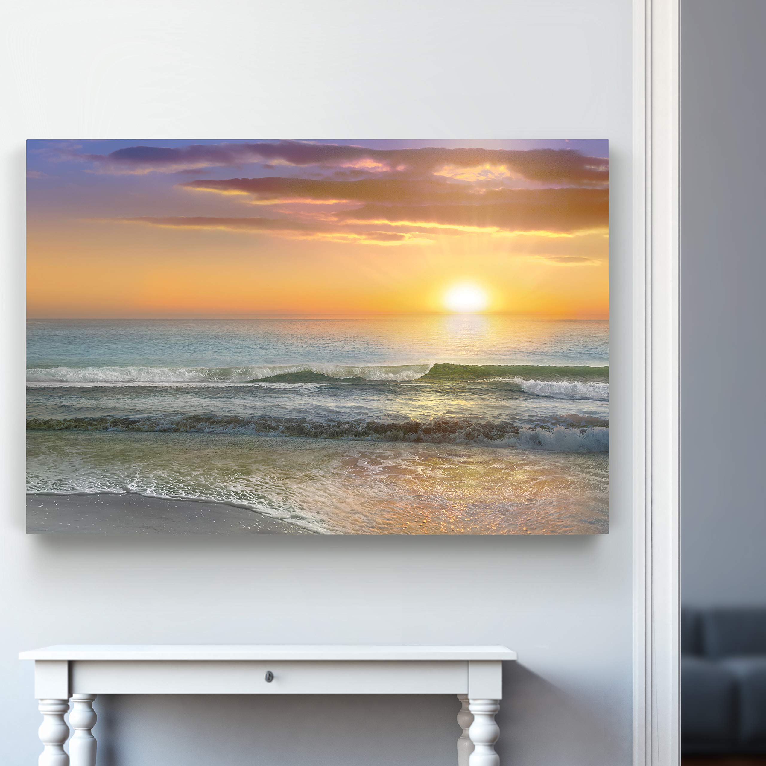 Renditions Gallery Landscape Blue Ocean Sea Beach Canvas Wall Art Pictures Prints Modern Seascape Home Office Decoration Ready to Hang, 32x48, Dawn Rays