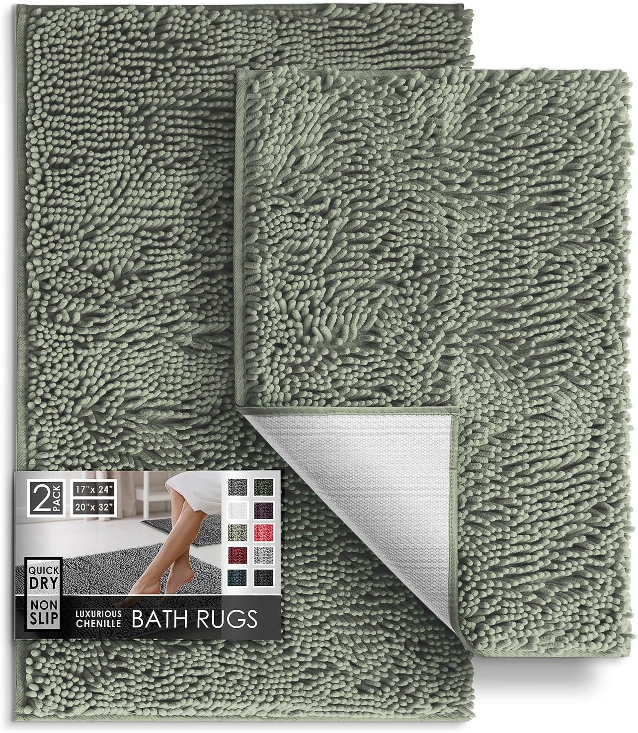 Hearth & Harbor Bathroom Rugs, Chenille Bath Mat - Machine Washable Bath Mats for Bathroom Non-Slip Backing Rubber, Quick Dry Bathroom Mat Sage 17 x 24 + 20 x 32