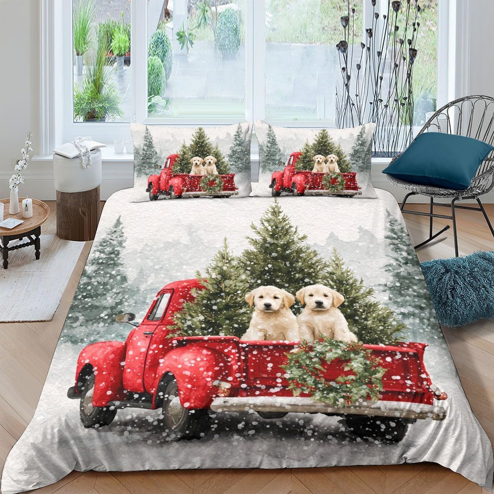 Ctjqhvkz Style-9 3D Printed Red Truck Christmas Tree Fitted Sheet Microfiber Dog Snowy Forest Bed Cover For Bedroom Guest Room Decor Single（135X200cm）