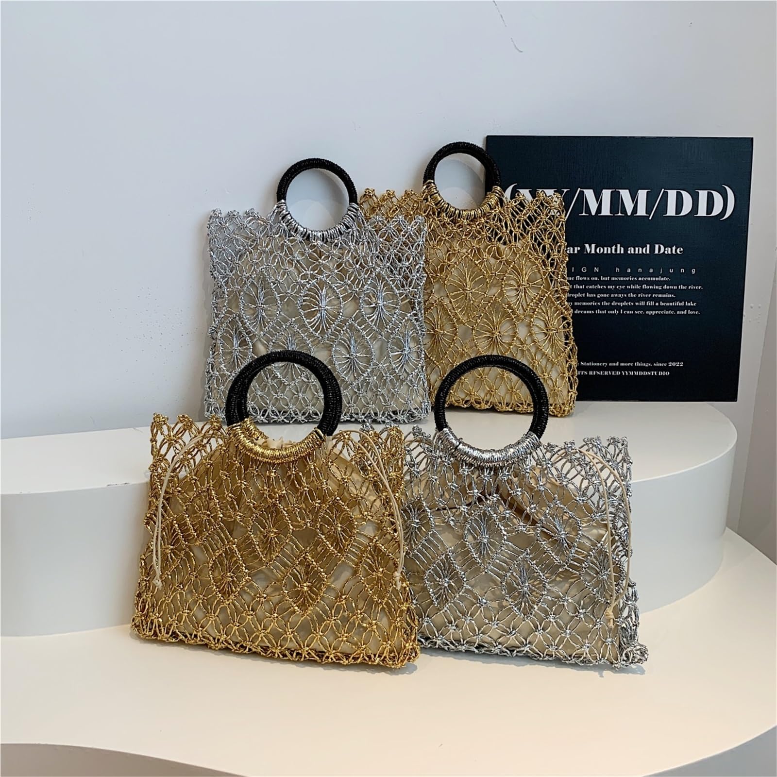 borsa donna estiva Borse da donna con manico rotondo dal design tessuto fatto a mano ecologiche superiore scavate