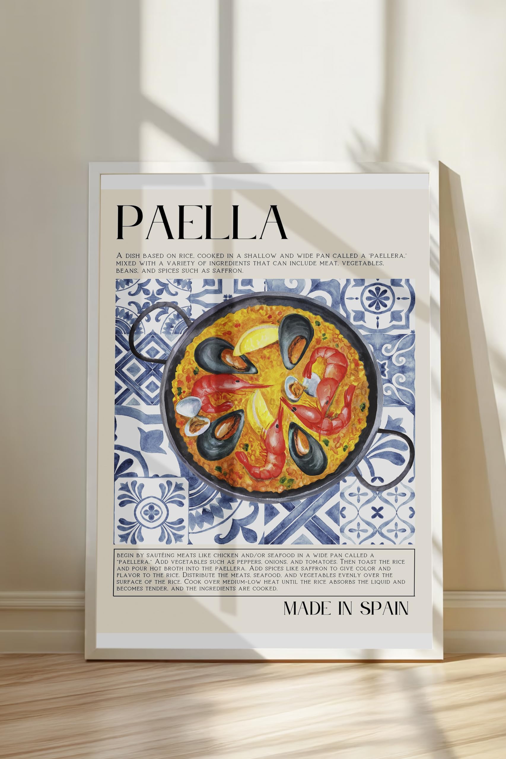 Zestia Beyaz Çerçeveli Tablo, Paella Tabağı, Mutfak Dekoru, Mavi Seramik Stil Poster No: 106688 15 x 21