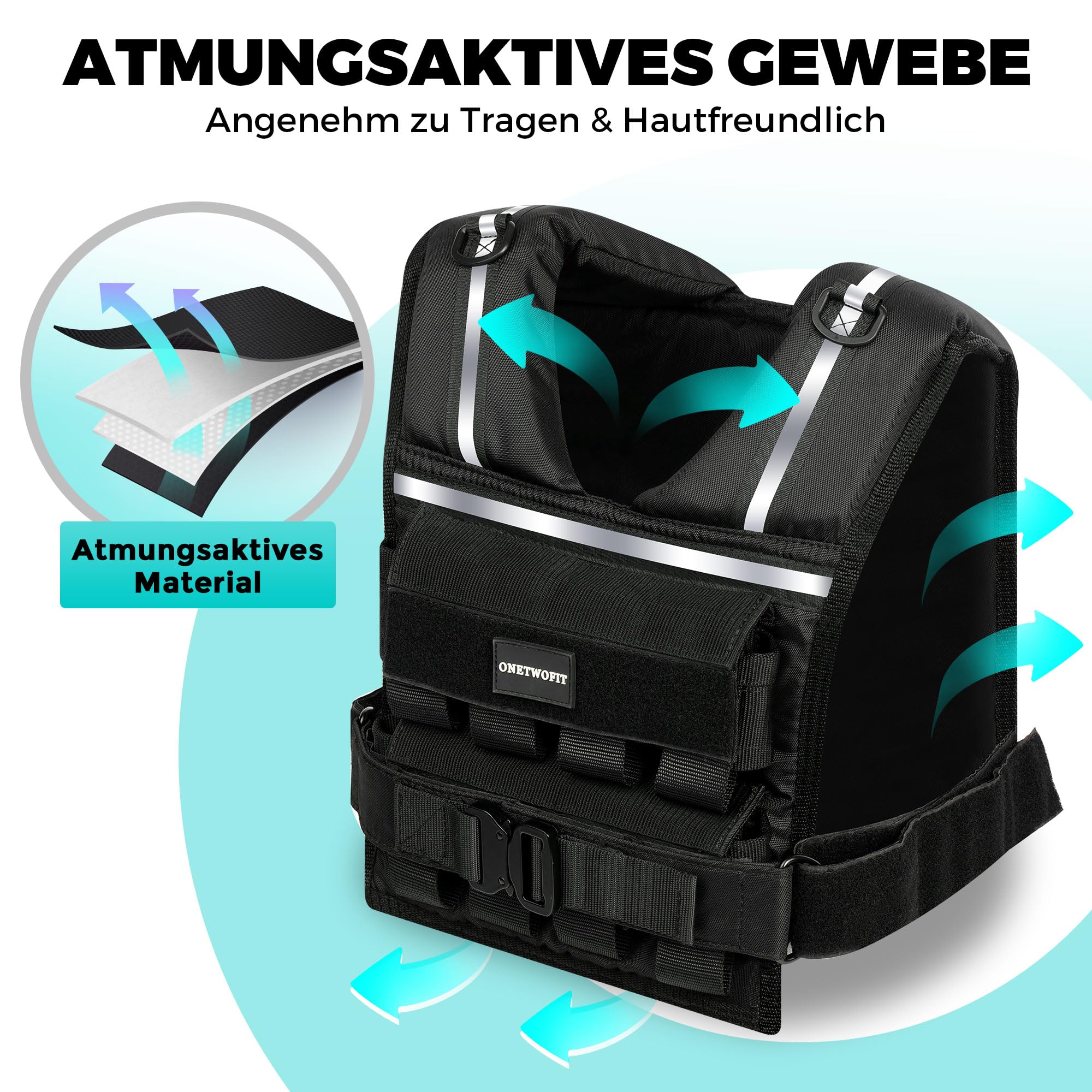 ONETWOFIT Verstellbare Gewichtsweste für Herren 20KG, Rucking-Westen mit abnehmbaren Eisengewichten, 1,2" extra dicke Schulterpolster, Krafttrainingsweste zum Laufen, reflektierende Streifen