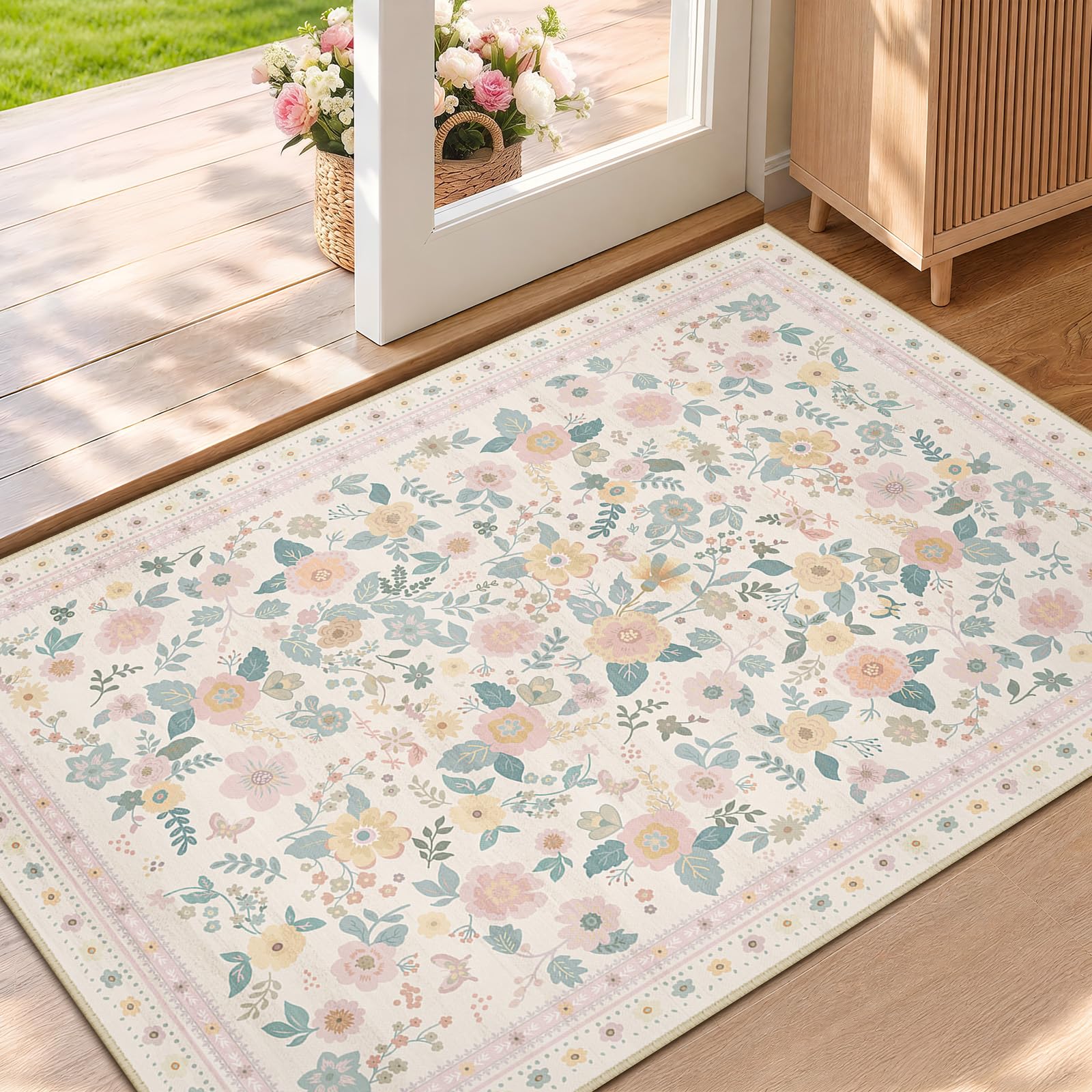 INOVADAY Washable Rug Floral Print 60x90 cm Light Beige Hallway Runner Rug