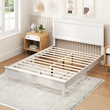 KOMFOTT Queen Size Wood Platform Bed Frame with Headboard, Wooden Mid Century Platform Bed with Slat Support & Under Bed Storage, Mattress Foundation Bed Base, No Box Spring Needed, White