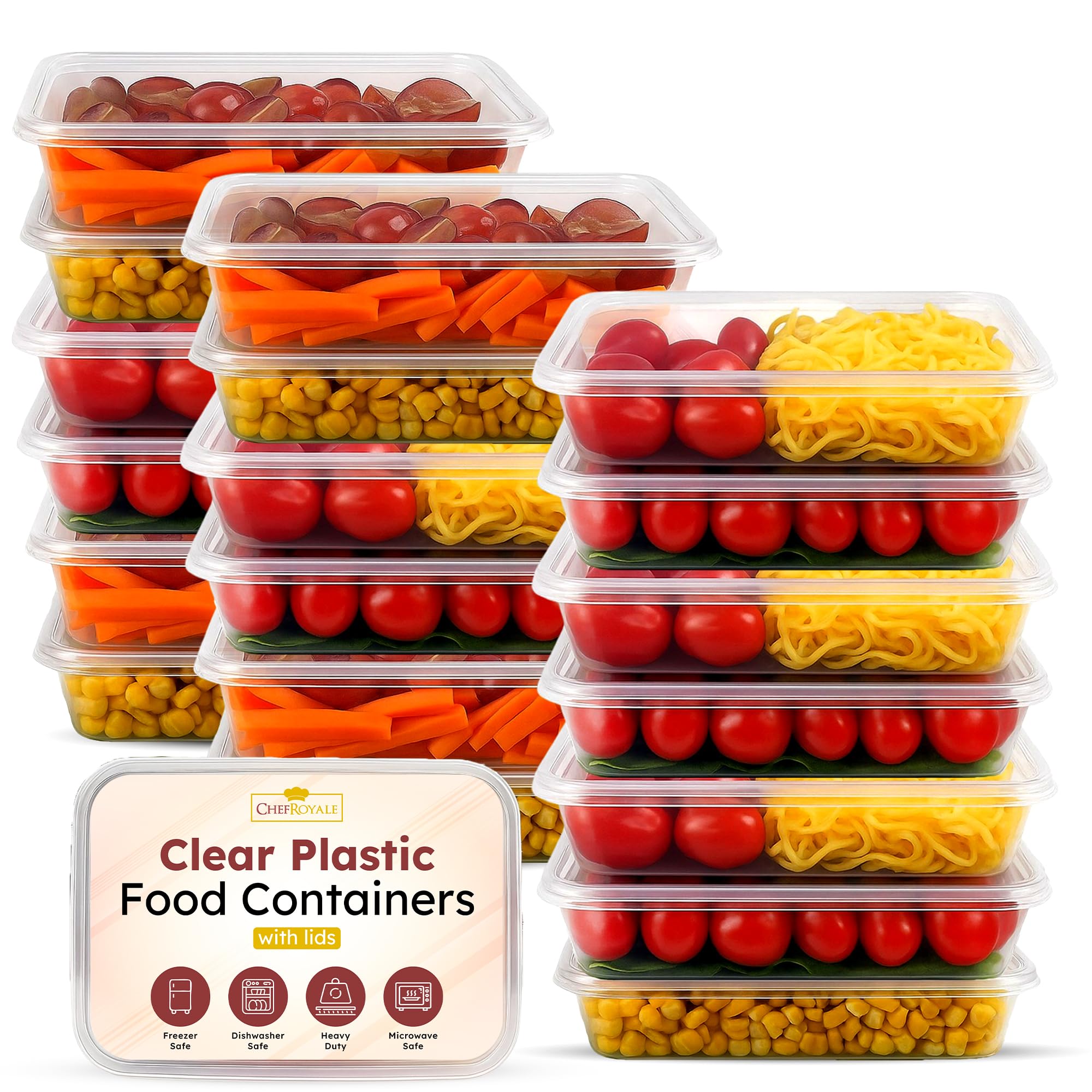 Chef Royale Transparent 20X 500Ml Food Storage Container With Lids Plastic Food Prep Takeaway Container With Airtight Lids Microwave, Freezer & Dishwasher Safe Ideal For Takeaway Recyclable (20, 500Ml)