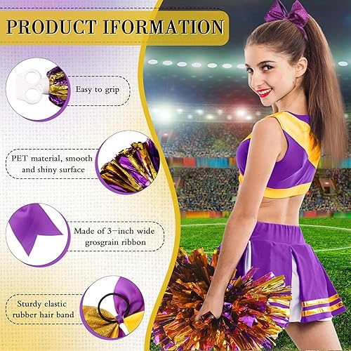 Miniatura 196 de Hanaive 3 pompones de animadora y lazo grande para animadora para el pelo, suministros metálicos para animadora de espíritu de equipo, deportes