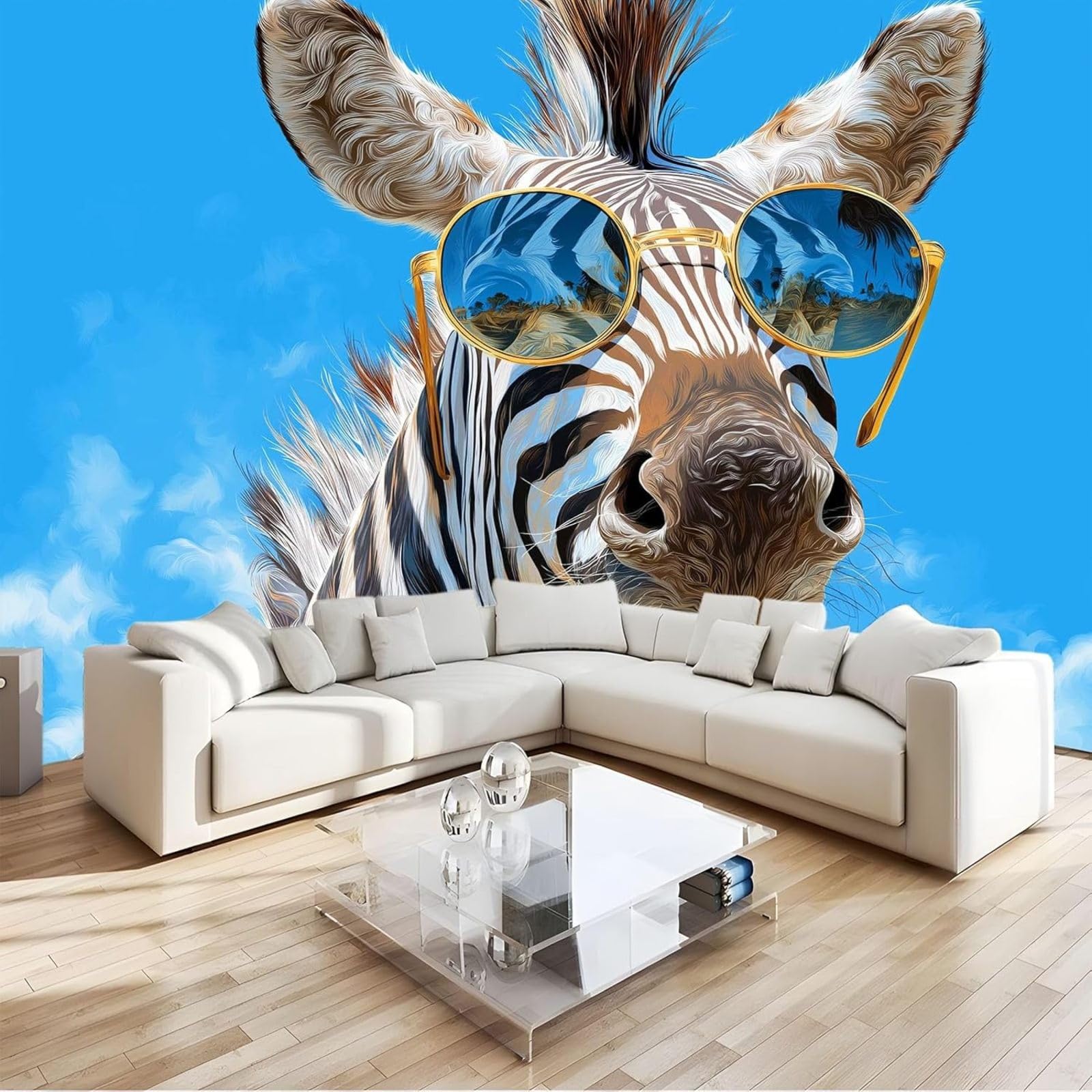 Non-woven wallpaper with cartoon animals in blue, photo wallpaper with sunglasses and zebra for children's room, living room, TV background - modern wall decoration, 300cm x 210cm stickers - frameless