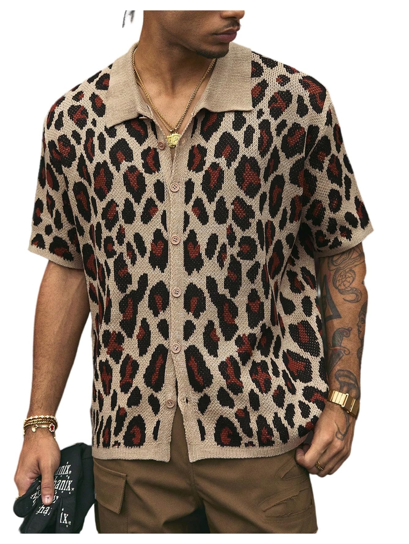 beaudrm Men's Leopard Sweater Y2k Cheetah Button Down Shirt Streetwear Short Sleeve Knit Crop Tops Cardigan-picture-11