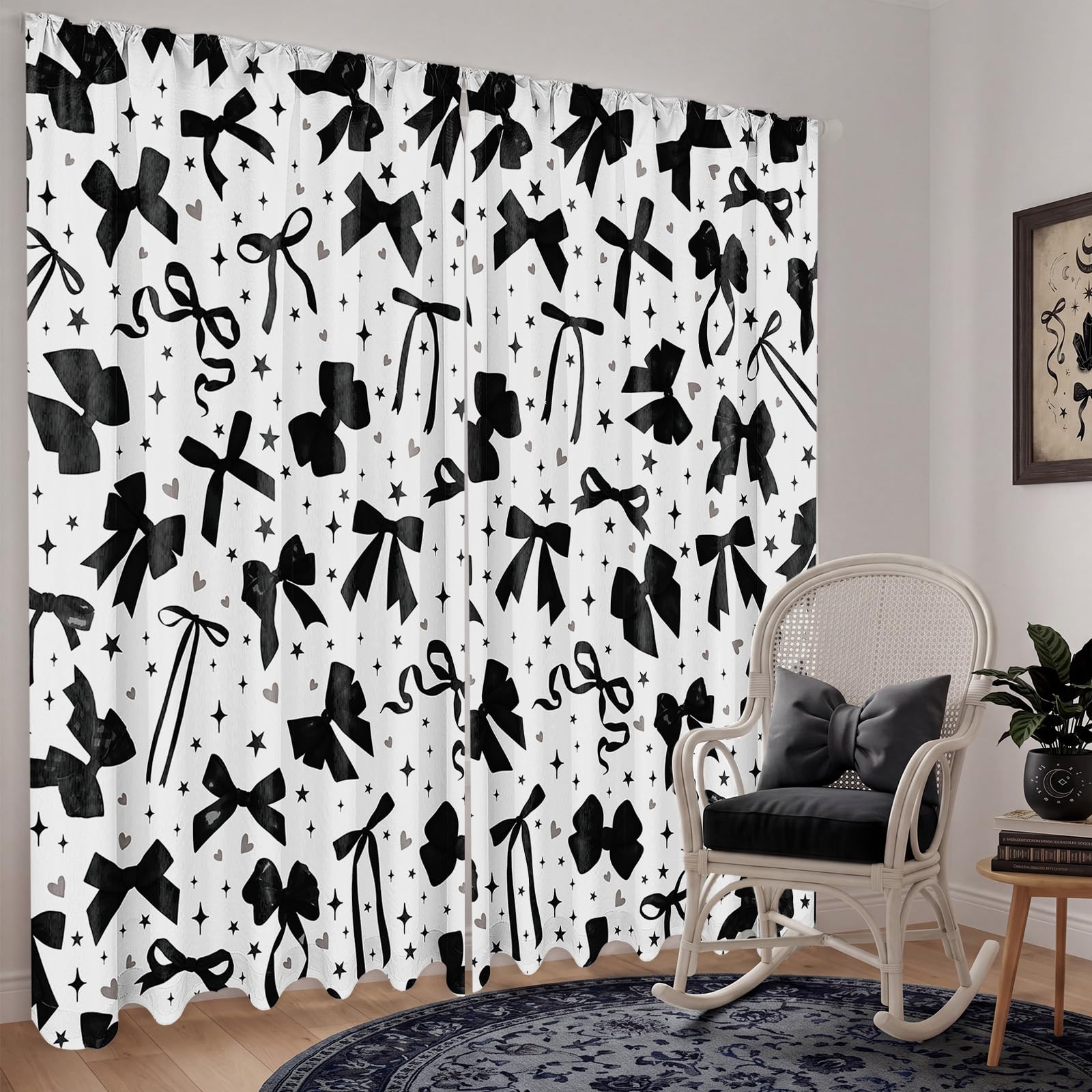 SmoothNovelty 2 Pcs Black Bow Curtains for Living Room Black and White Bow