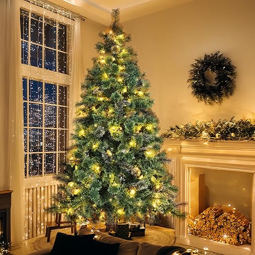 Snow Flocked Xmas Pine Tree with Warm White Lights