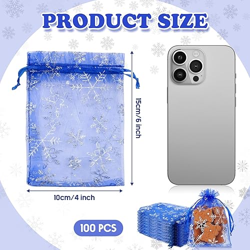 Miniatura 9 de 100 bolsas de regalo de organza con copos de nieve de Navidad de 4 x 6 pulgadas, pequeñas bolsas de malla para joyas, mini bolsas de dulces con