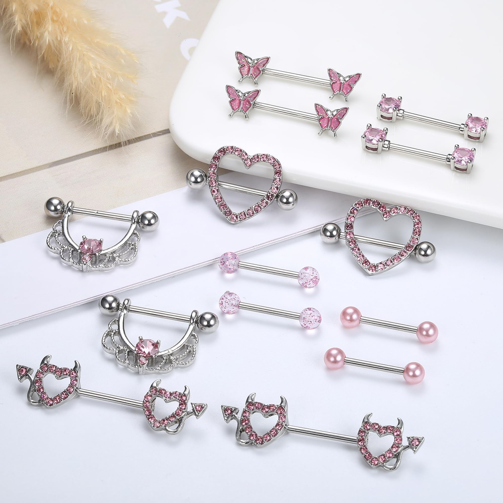 Fansilver 7 Pairs 14G Nipple Rings Surgical Steel Nipple Piercing CZ Heart Butterfly Barbell Tongue Rings Set Cute Nipple Tongue Piercing Jewelry for Women: A. Pink 14G Nipple Rings