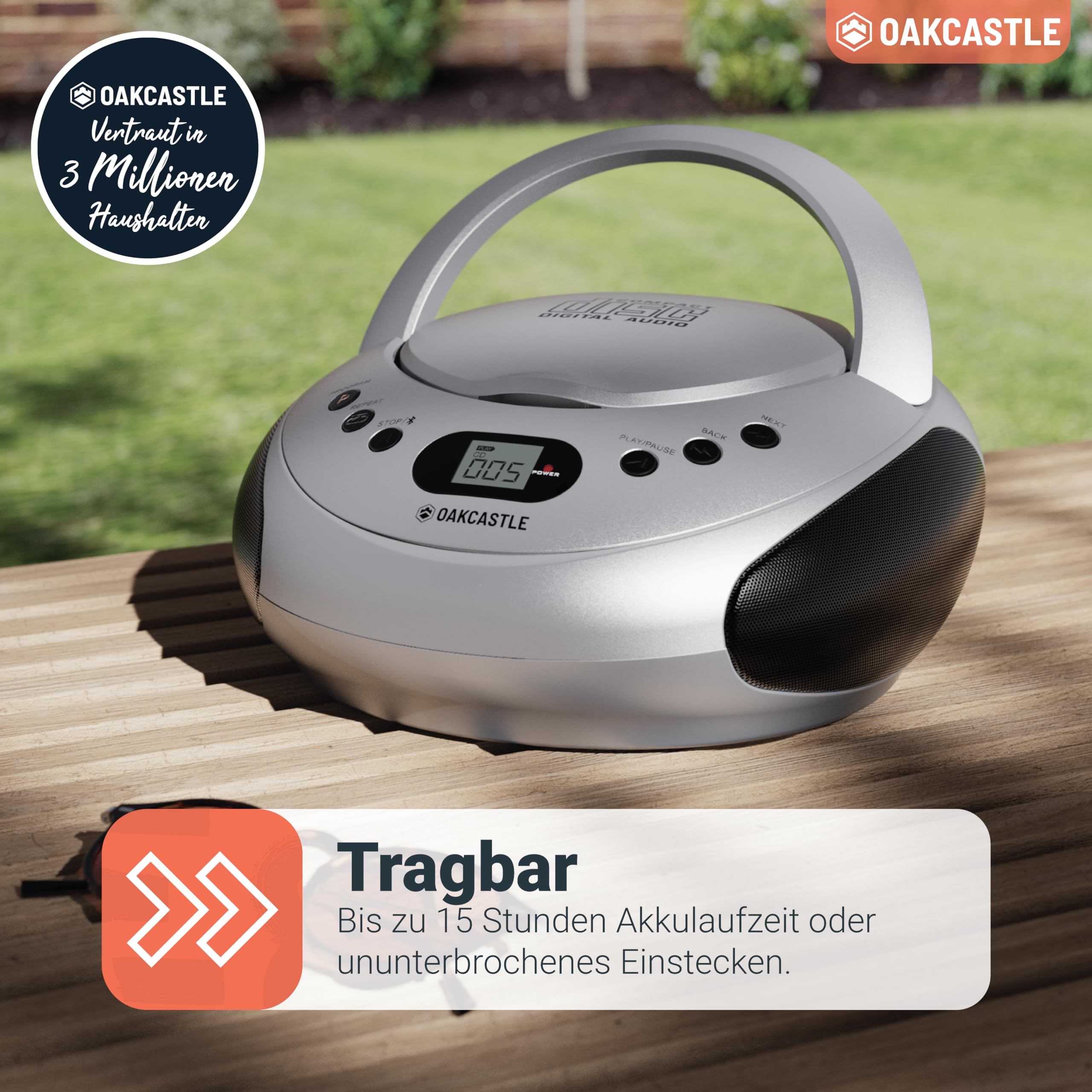 OAKCASTLE CD250 Tragbar Bluetooth Boombox | Einfache Kontrollen CD Player fur Kinder | Tragbare CD Spieler mit FM Radio, 30 Radiovoreinstellungen, LED-Anzeige & Kopfhörerbuchse (Silber)