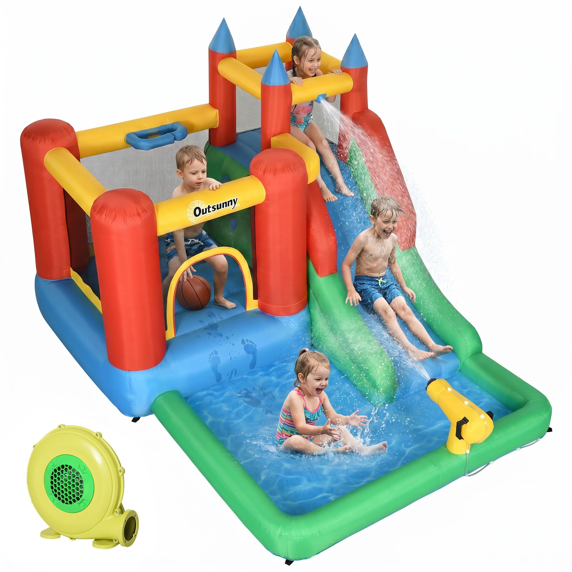 Outsunny Kids Inflatable Bouncy Castle Water Slide 6 in 1 Bounce House Jumping Castle Water Pool Gun Climbing Wall Basketball Hoop with Air Blower for Summer Playland