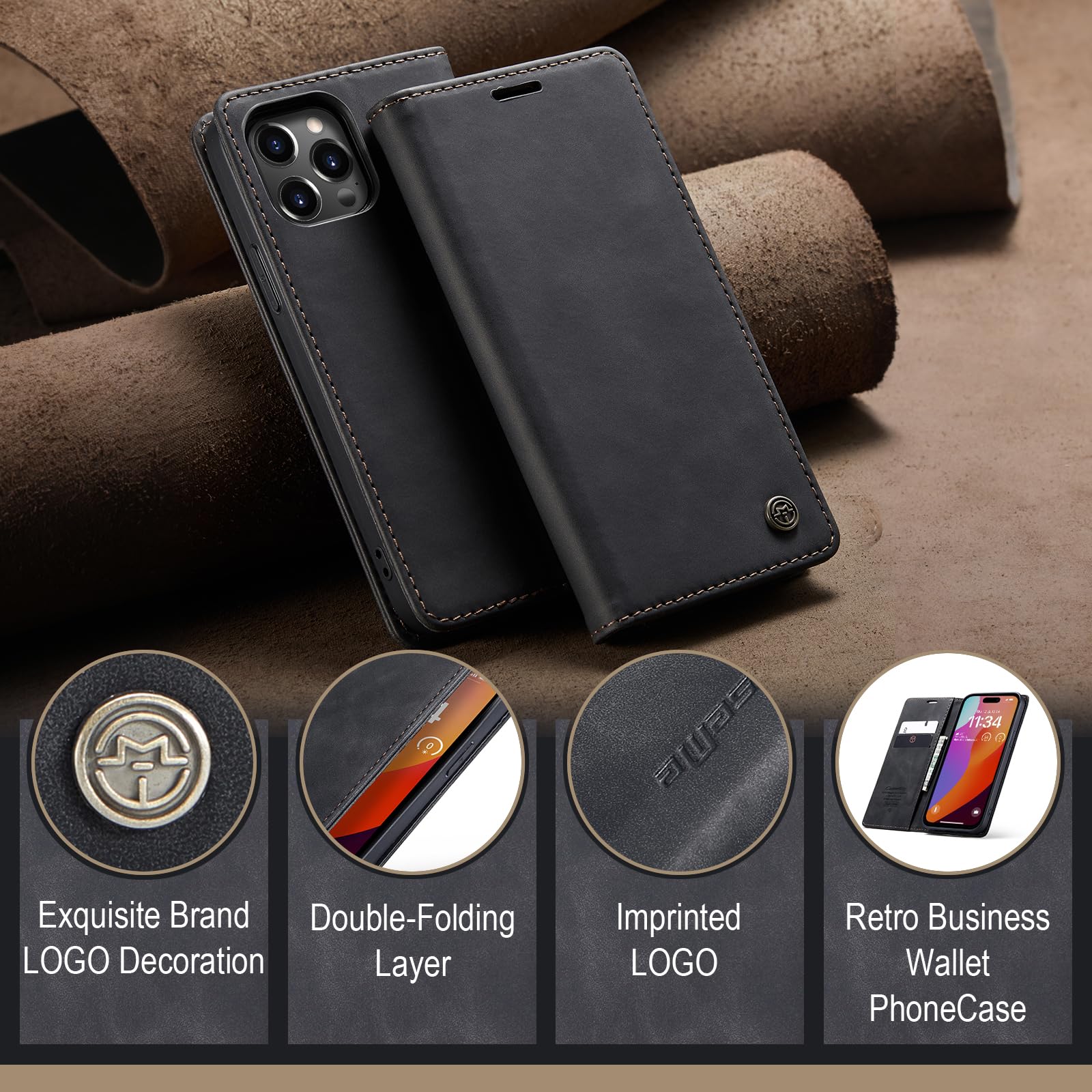 Monweicz Cover Compatibile con IPhone 15 Pro Max, Custodia Portafoglio con Slot per Scheda, Protezione Completa Premium in Pelle PU, Flip Libro Magnetica IPhone 15 Pro Max, Nero