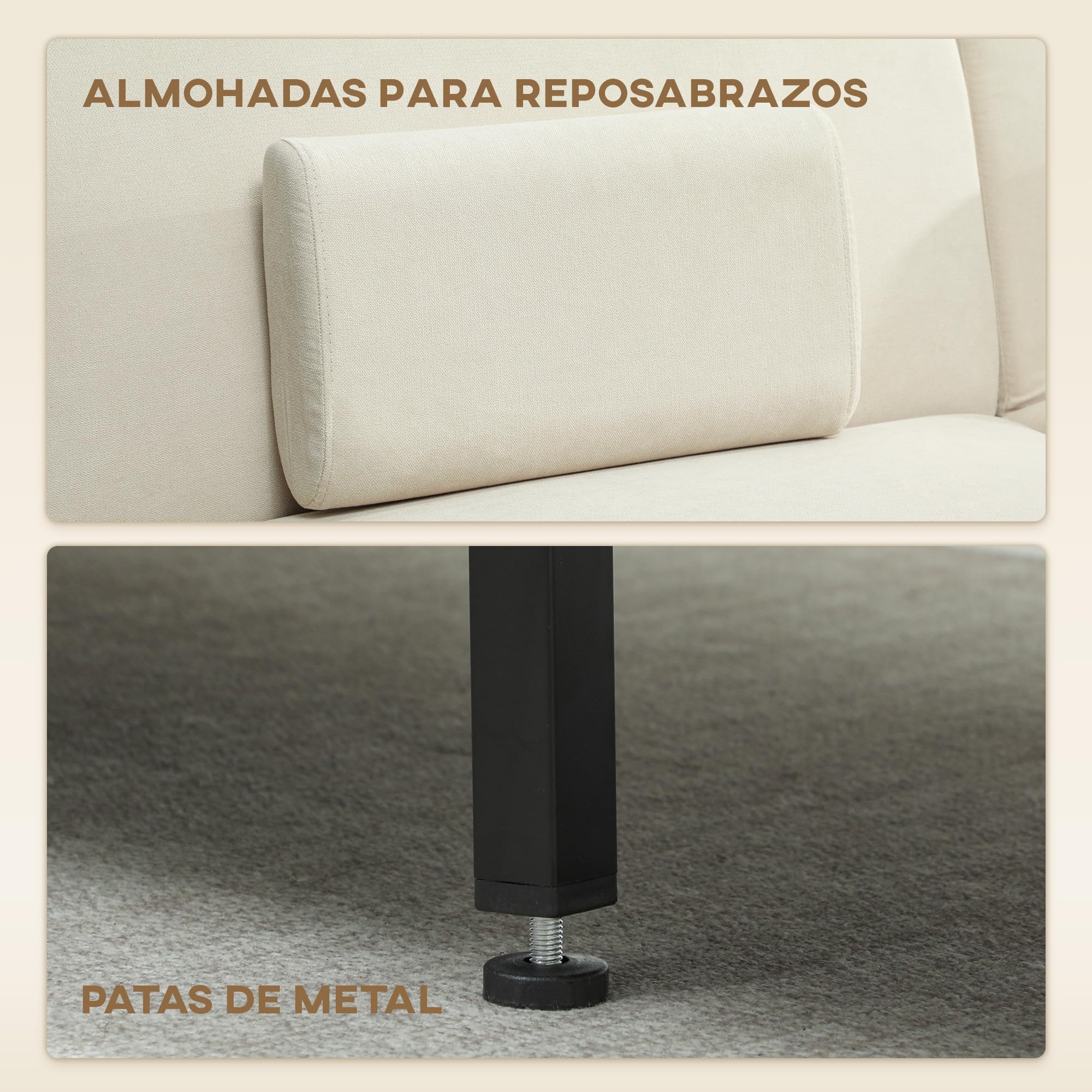 HOMCOM Sofá Cama de 3 Plazas con Mesa Auxiliar, 3 en 1, Sofá Cama Convertible con Respaldo Ajustable, Apertura Clik-Clak, 2 Almohadas para Reposabrazos y Patas de Metal, 196x86x81 cm, Beige