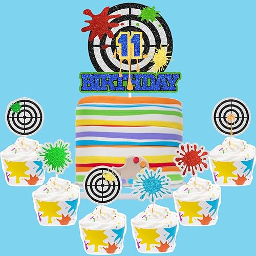 Miniatura 1 de Decoración para pastel de paintball de cumpleaños número 11, decoración de salpicaduras de airsoft, fiesta de paintball, fiesta de cumpleaños para