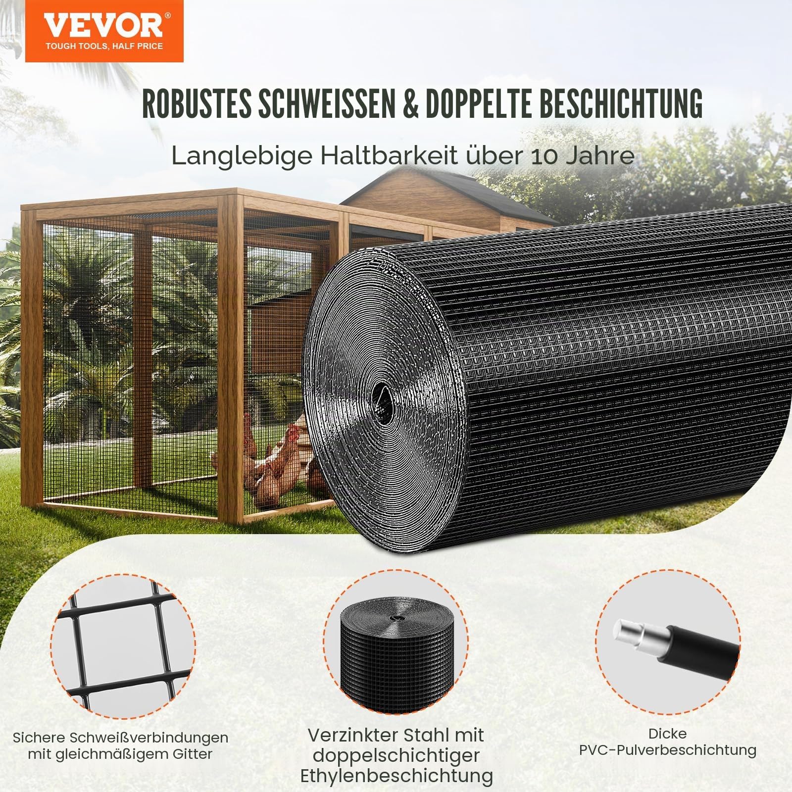VEVOR Volierendraht 61 x 3048 cm, Gartenzaun, 1,06 mm Maschendrahtzaunrolle, Vinylbeschichtetes Drahtzaun für Hühnerstallbarrieren, Kaninchen- und Schlangenzäune, Geflügelgehege