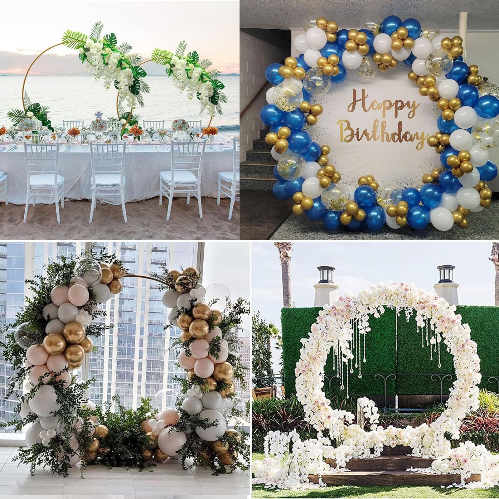 Duży stojak na łuk balonowy, okrągły stojak na tło, metalowy łuk, odporny na rdzę, stabilny złoty stojak na łuk kwiatowy, stojak na ceremonie, ślub, baby shower, dekoracje łukowe balonowe (biały, 250