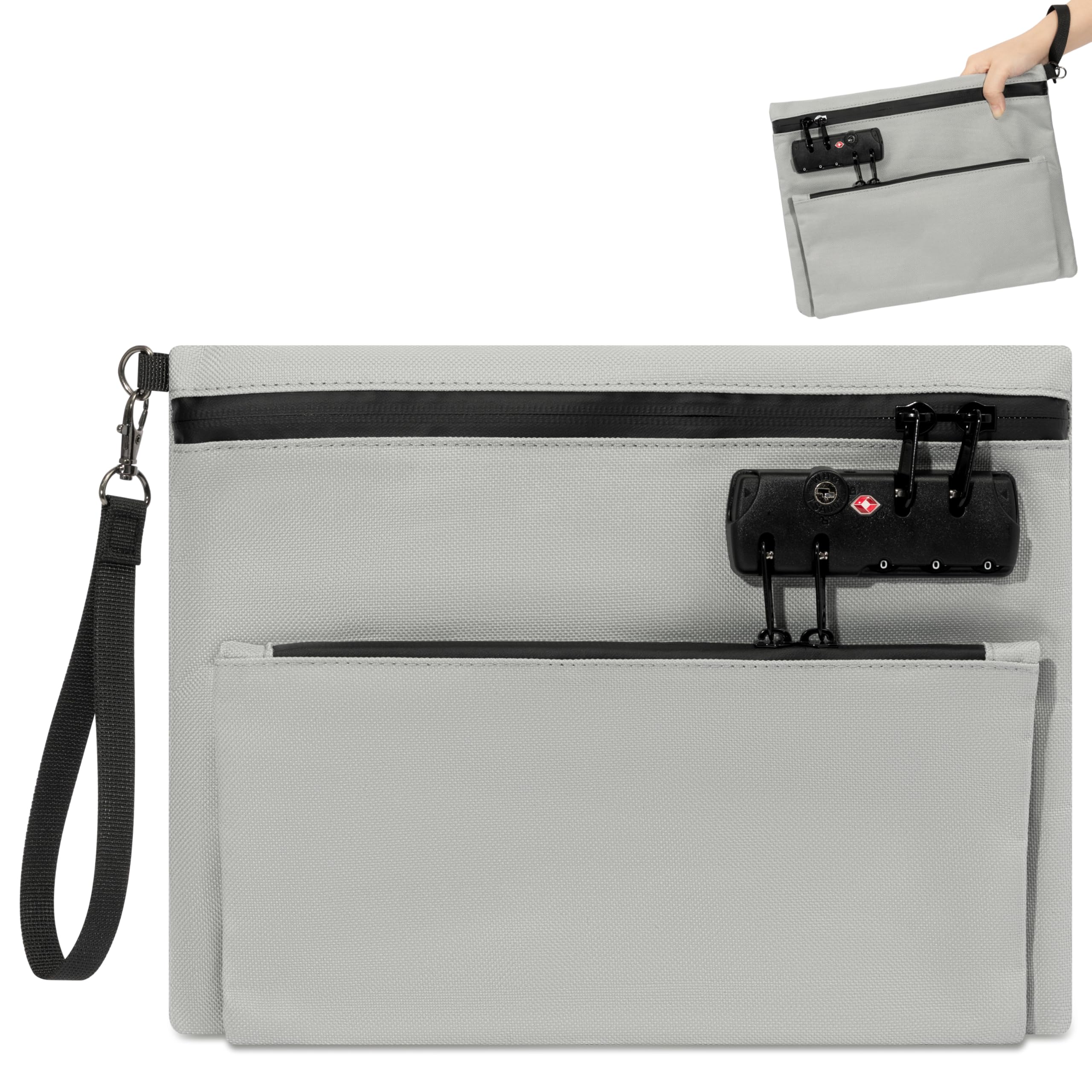 Wood Homing Money Bag with Combination Lock - Security Smell Proof Lockable Bag with Double Layer Strap for Document Cash Holder Large Waterproof Safe Storage Pouch Box for Phone Wallet Key (Grey)