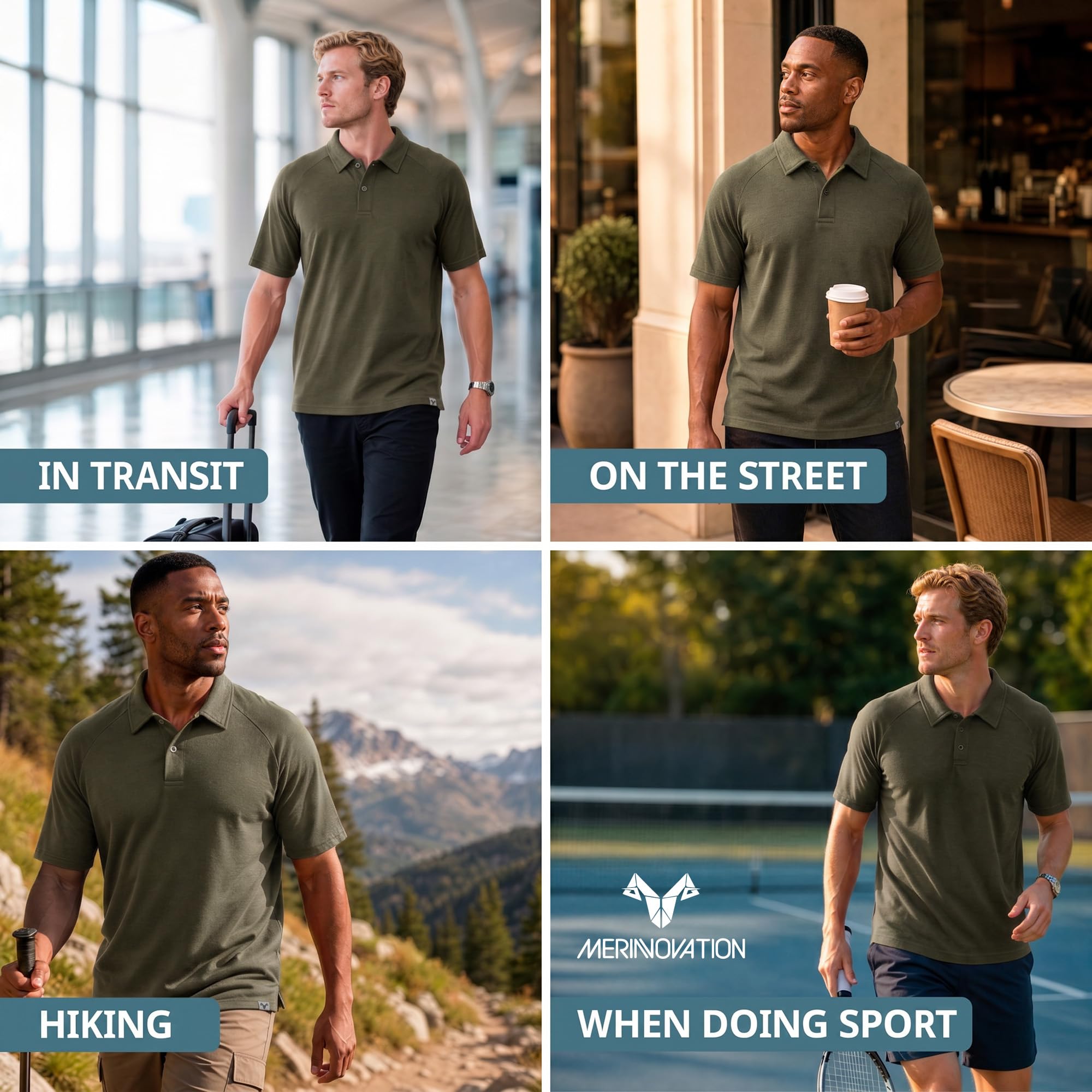 Herren-Poloshirt aus Merinowolle, 100 % Merinowolle, kurzärmelig, feuchtigkeitsableitende Basisschicht