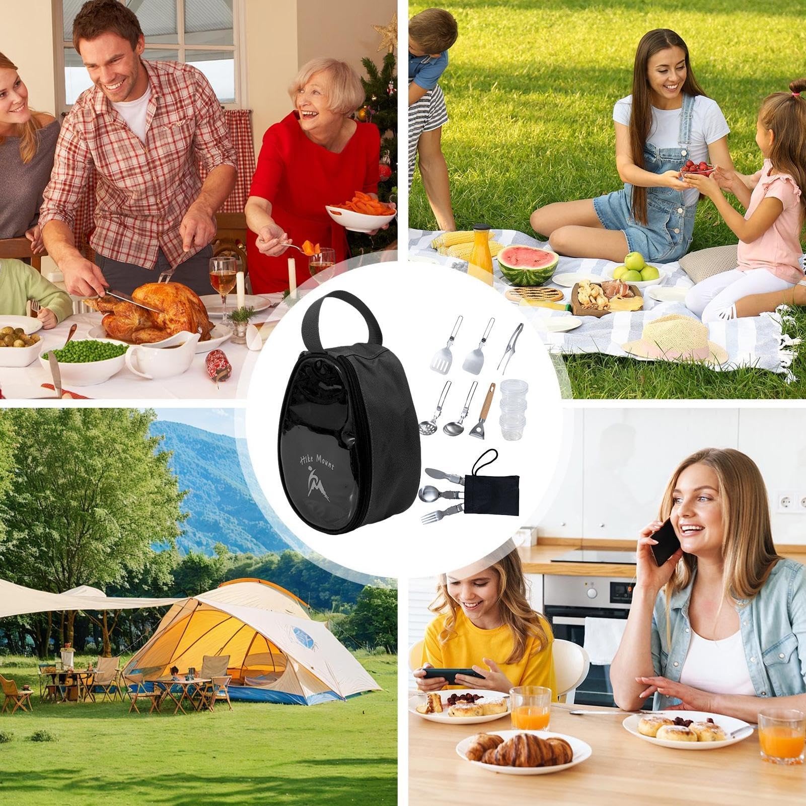 Set da cucina da campeggio, set di utensili da campeggio | Kit da campeggio per barbecue, ciotole e forchette da 11 pezzi | da campeggio potabili Borsa organizer pieghevole Kit di