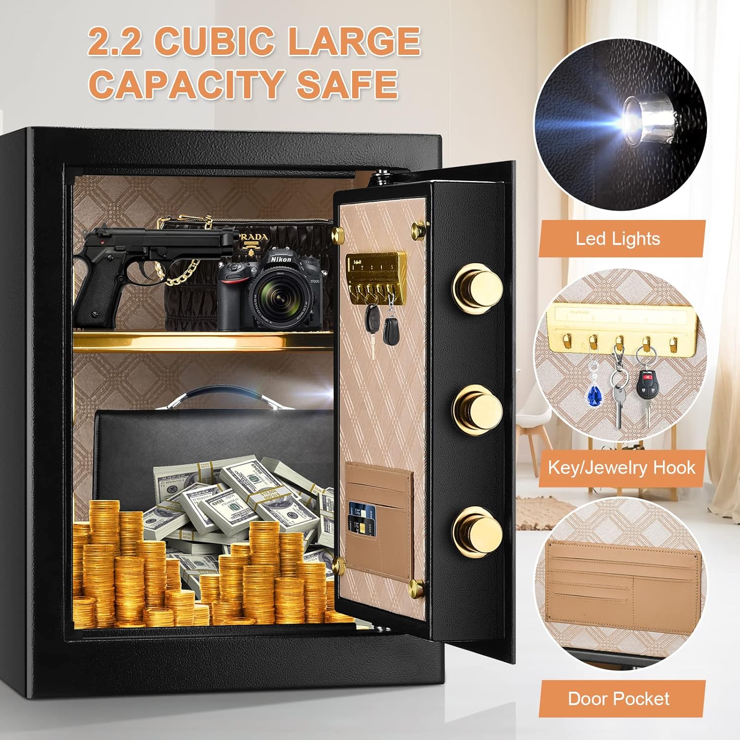 2.2 Cub Large Fireproof Safe Box with Waterproof Fireproof Document Bag, Security Home Safe with Inner LED Light and Emergency Battery Box, Digital Lock Safe for Gun Cash Jewellery Important Document Medicines - - 