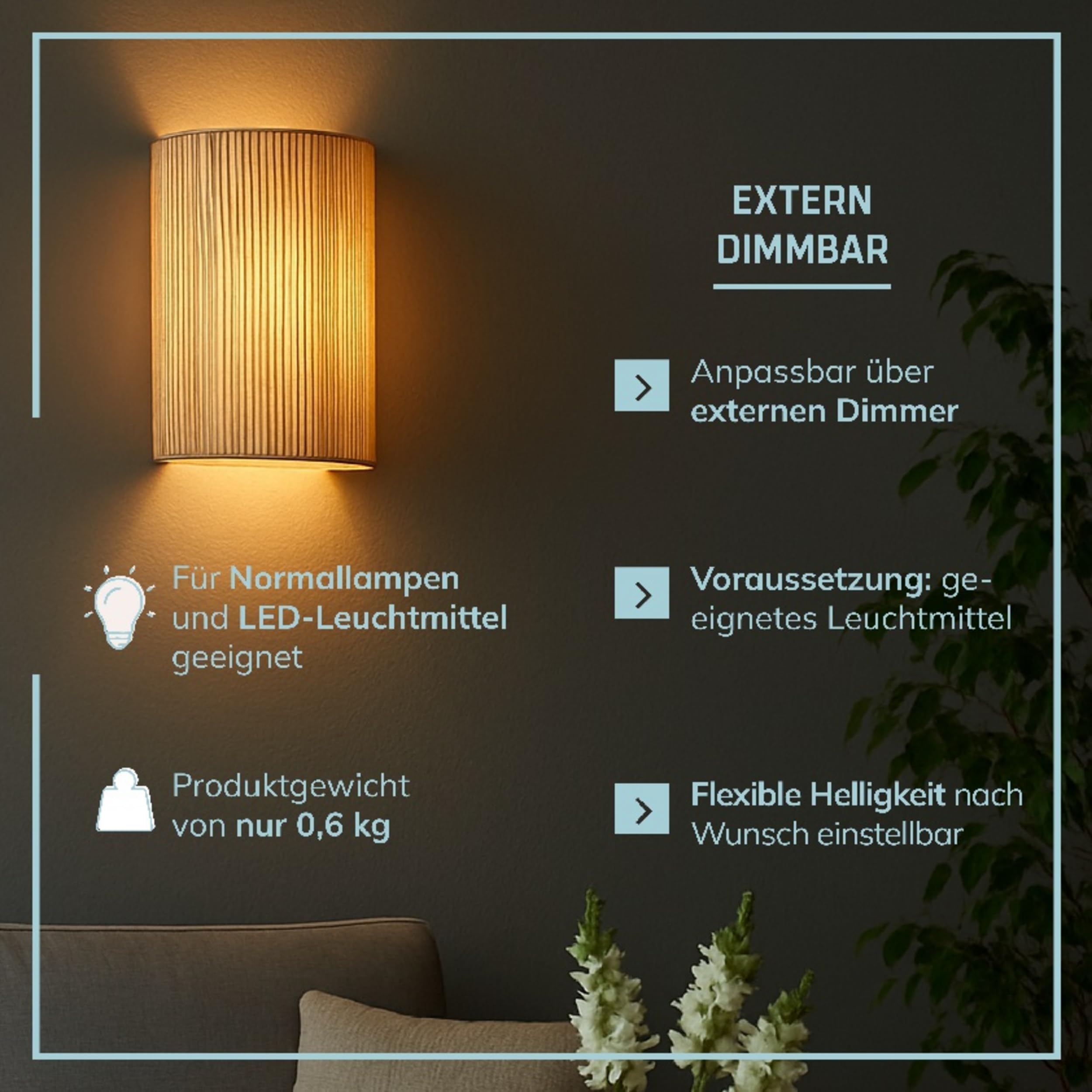 Lightbox Applique murale style nature - 26 x 23 cm - spot mural décoratif avec abat-jour en jonc de mer - dimmable uniquement avec variateur externe - pour le salon - douille E27 - en métal/jonc de