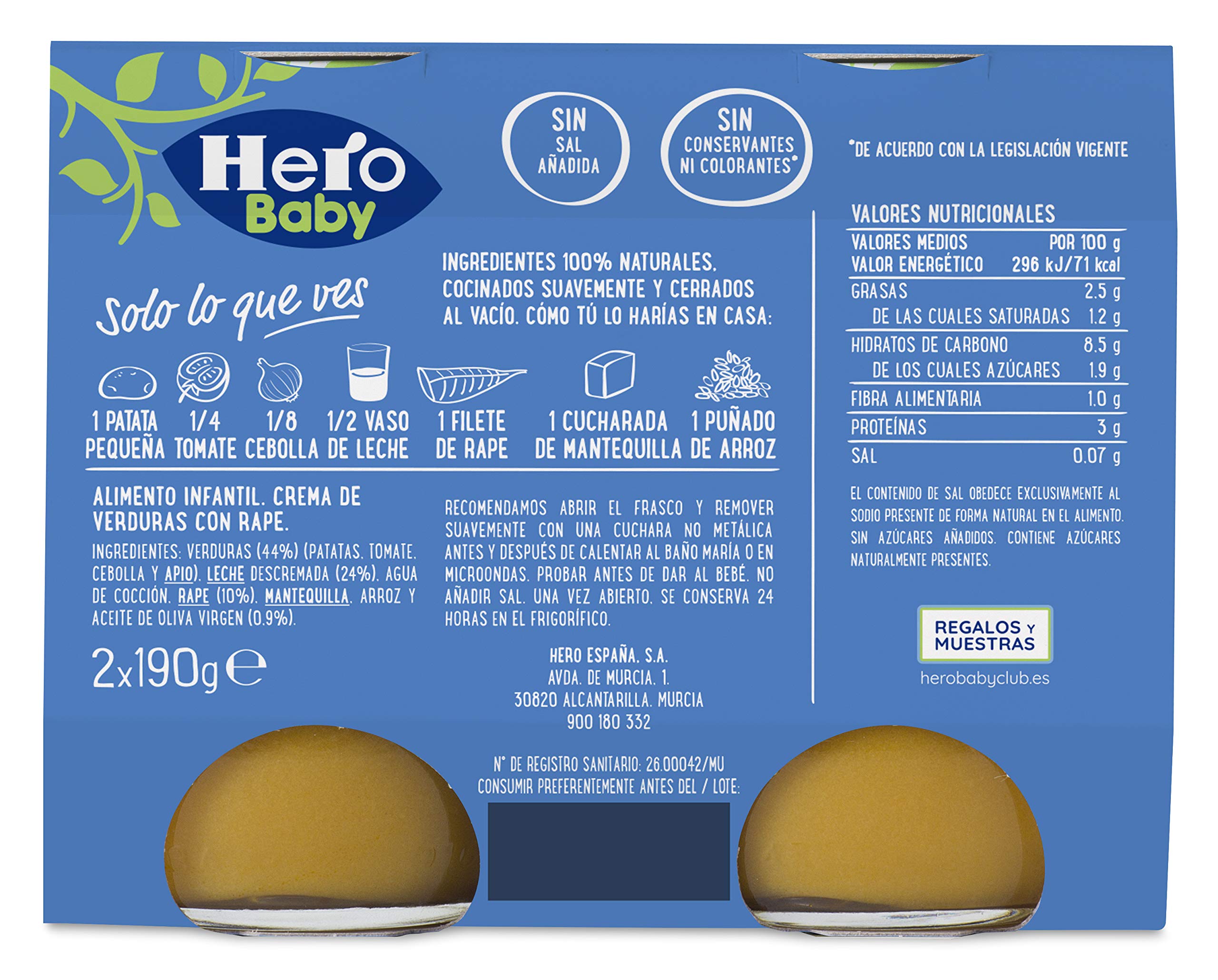 Hero Baby Buenas Noches Crema de Verduras con Rape Puré para Bebés 8 meses 2 x 190 g