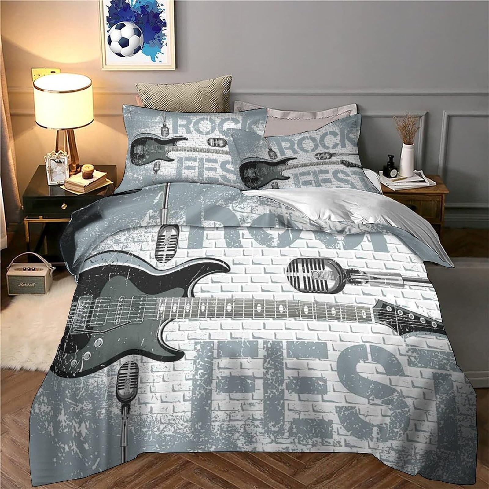 musica rock per chitarra 3D Stampa Coperta Letto 3pz Microfibra Facile Cura manifesto d'epoca Coperteletto 2 federe Zip nascosta Coppie Famiglia Super king（260x220cm）