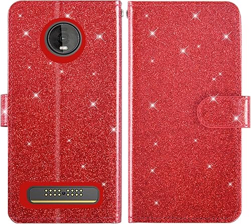 Miniatura 4 de Asuwish Funda de teléfono para Moto Z4Moto Z 4 PlayMotoZ4 Force con protector de pantalla de vidrio templado y cartera con purpurina, soporte para