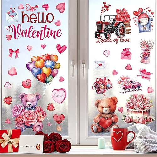 Miniatura 1 de 9 hojas de calcomanías de ventana para el día de San Valentín, diseño de oso de dibujos animados, decoración de ventana de doble cara de corazón