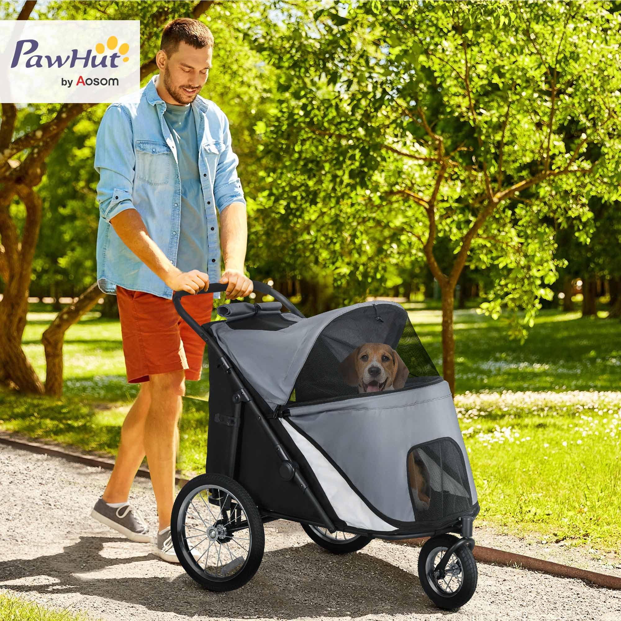 PawHut Passeggino per cani con finestre a rete fino a 30 kg grigio | Passeggino pieghevole per gatto con guinzaglio di sicurezza, grandi ruote in gomma, tessuto Oxford.