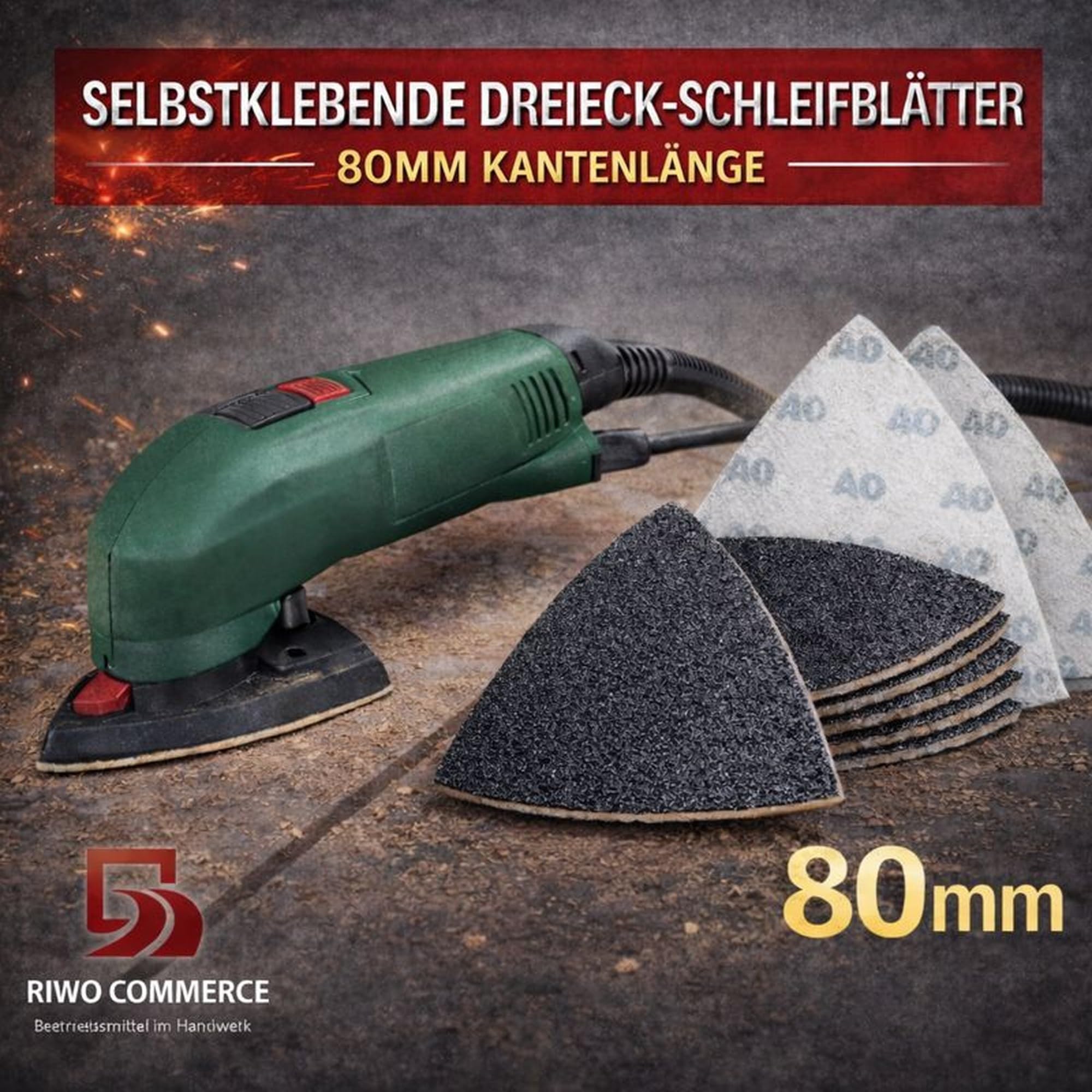 Fogli abrasivi triangolari 80 mm lunghezza bordo carburo di silicio, per oscillatore multiuso, fissaggio rapido Delta carta vetrata non forata autoadesiva, grana 60 – 50 pezzi