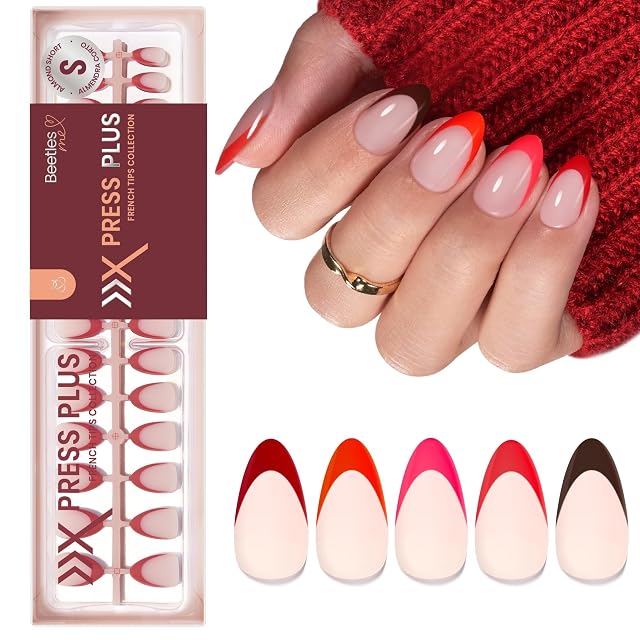 Beetles Gel Polish US Beetles Red French Tip Press On Nails - Short Almond 5 Colors 160 Pcs
