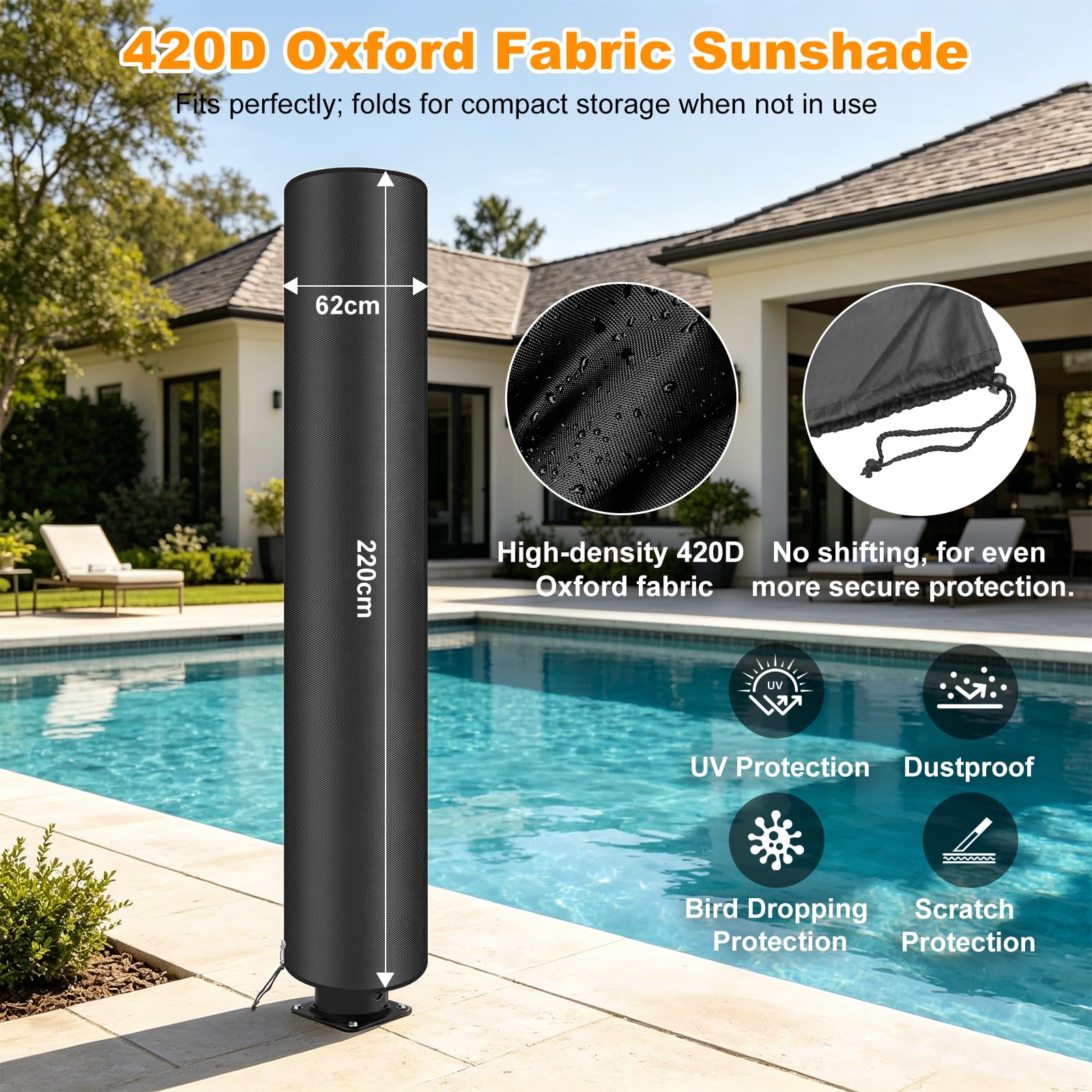 Douche Solaire 40 Liters, Douche de Jardin avec Pommeau de Douche Rotatif et Robinet à Pied, Douche Solaire Piscine Extérieure pour Jardin Plage, Jusqu'à 60 °C avec Housse Anti - Poussière