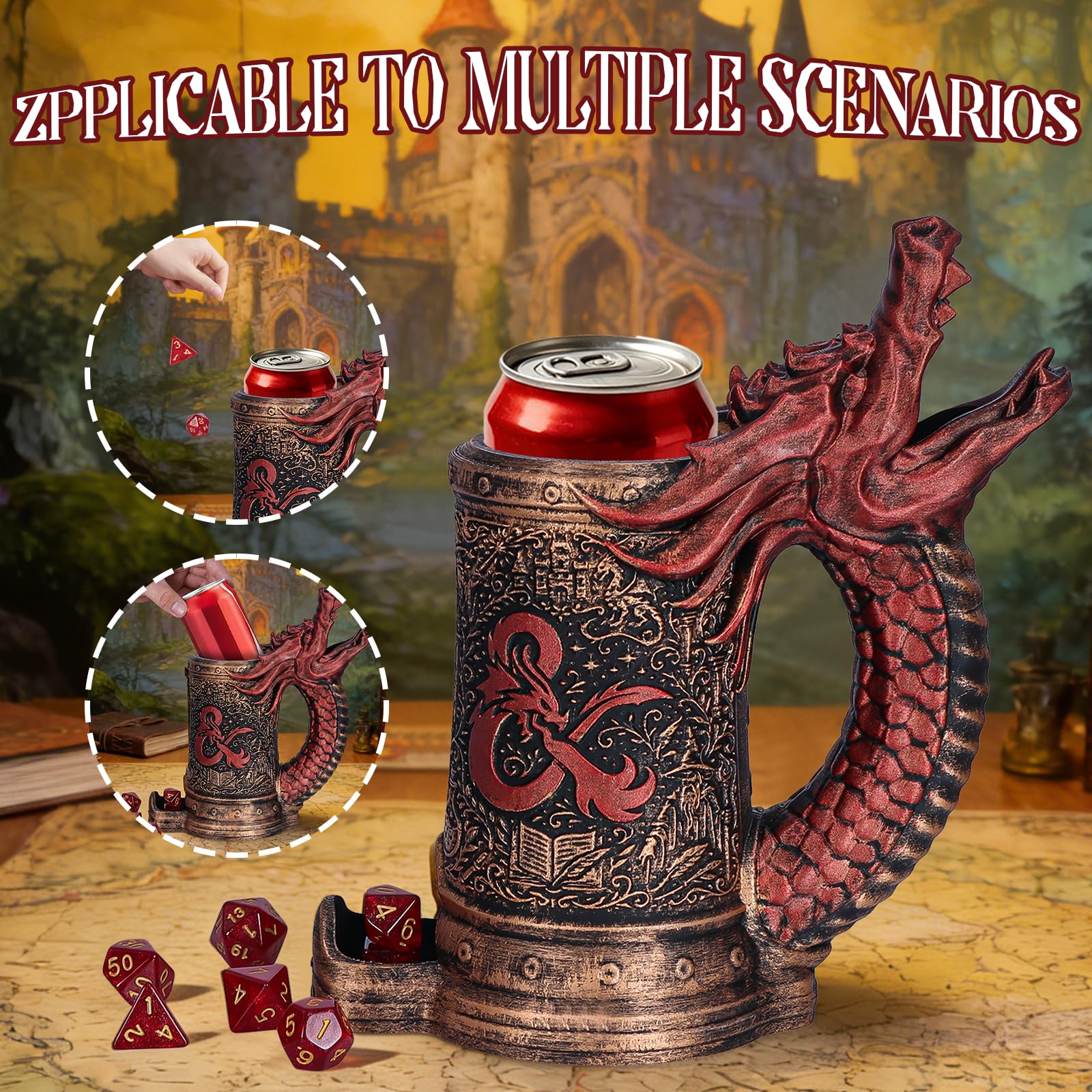 Dice Tower Tazza DND Dice Rolling Tower con 7 dadi Set | Red Dragon Dice Tower adatto per Dungeons and Dragons, giochi da tavolo, disponibile come portabevande, regali RPG.