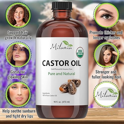 Miniatura 4 de MILANIA Aceite de ricino orgánico, botella de vidrio, prensado en frío y sin hexano (16 onzas líquidas)