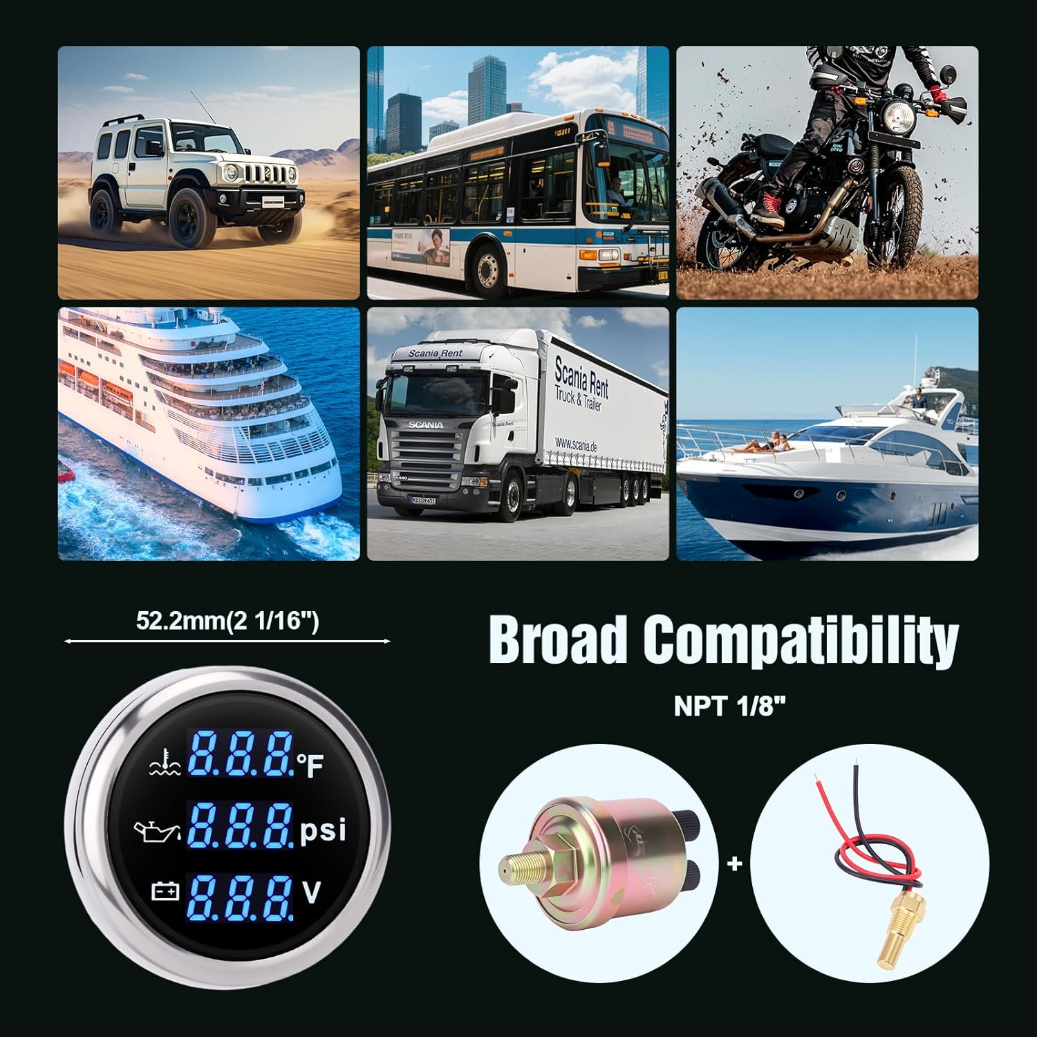 Triple Gauge Set 3in1,Water Temp (104°F-248°F), Oil Pressure (0-145PSI), Voltmeter (9-32V), AUTO Gauge with Digital Display Alarms for Cars Trucks Boats (Blue)